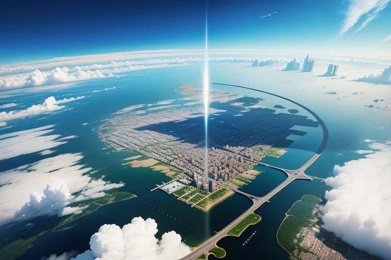 Fragmented reality，In the future, cities and small towns will exist at the same time，View from between the clouds in the sky