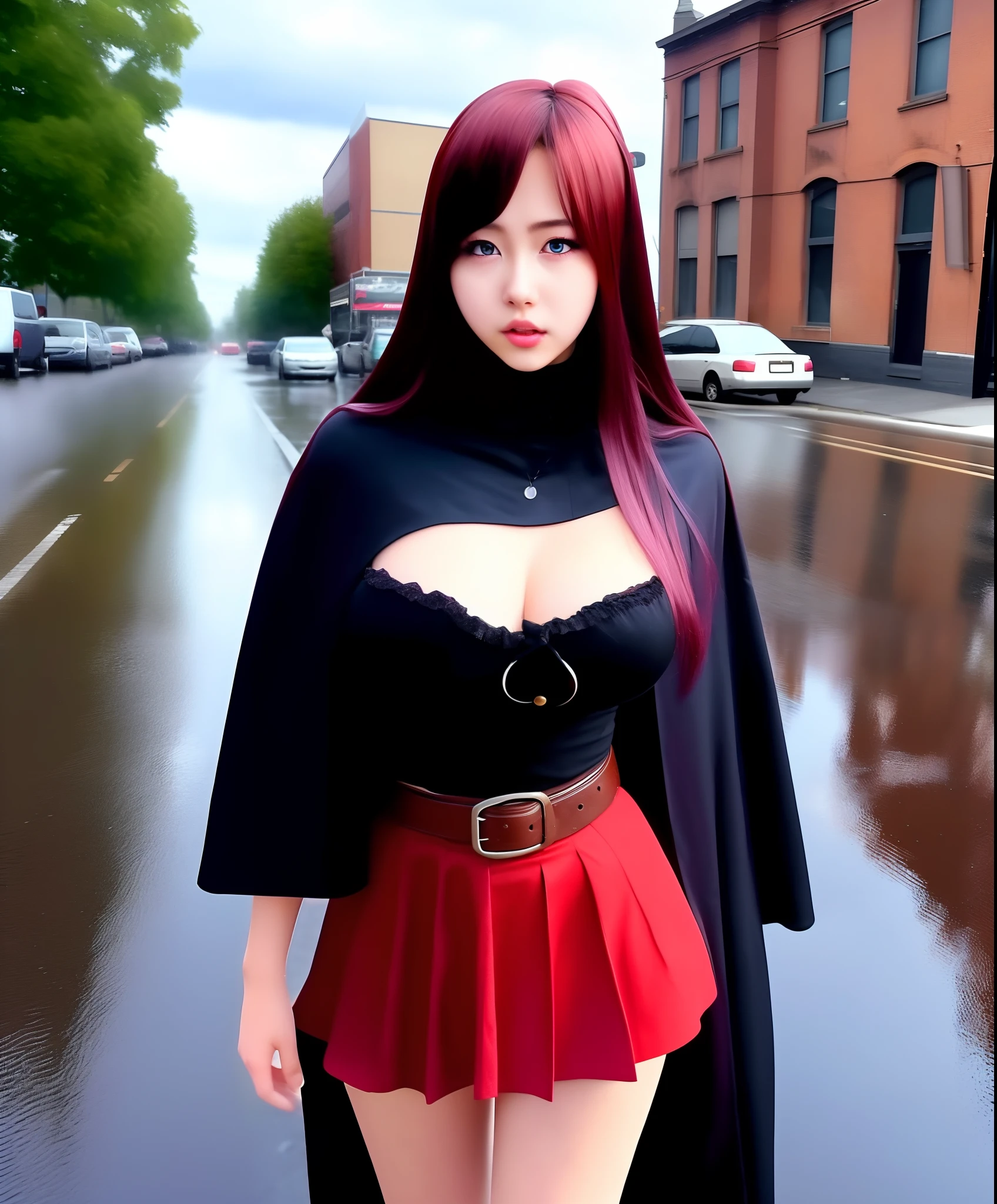 anime girl adventurer. black cloak. neutral face. 25 years old. Long black hair. red highlights on hair. purple eyes. 5’7 height. breast medium size. black gloves. black and red skirt. long black cloak cape. cloak hood. black thigh leggings. black boots. two belts on waist with pockets. Background a town. Standing in the street. Heavy rain. Dark clouds