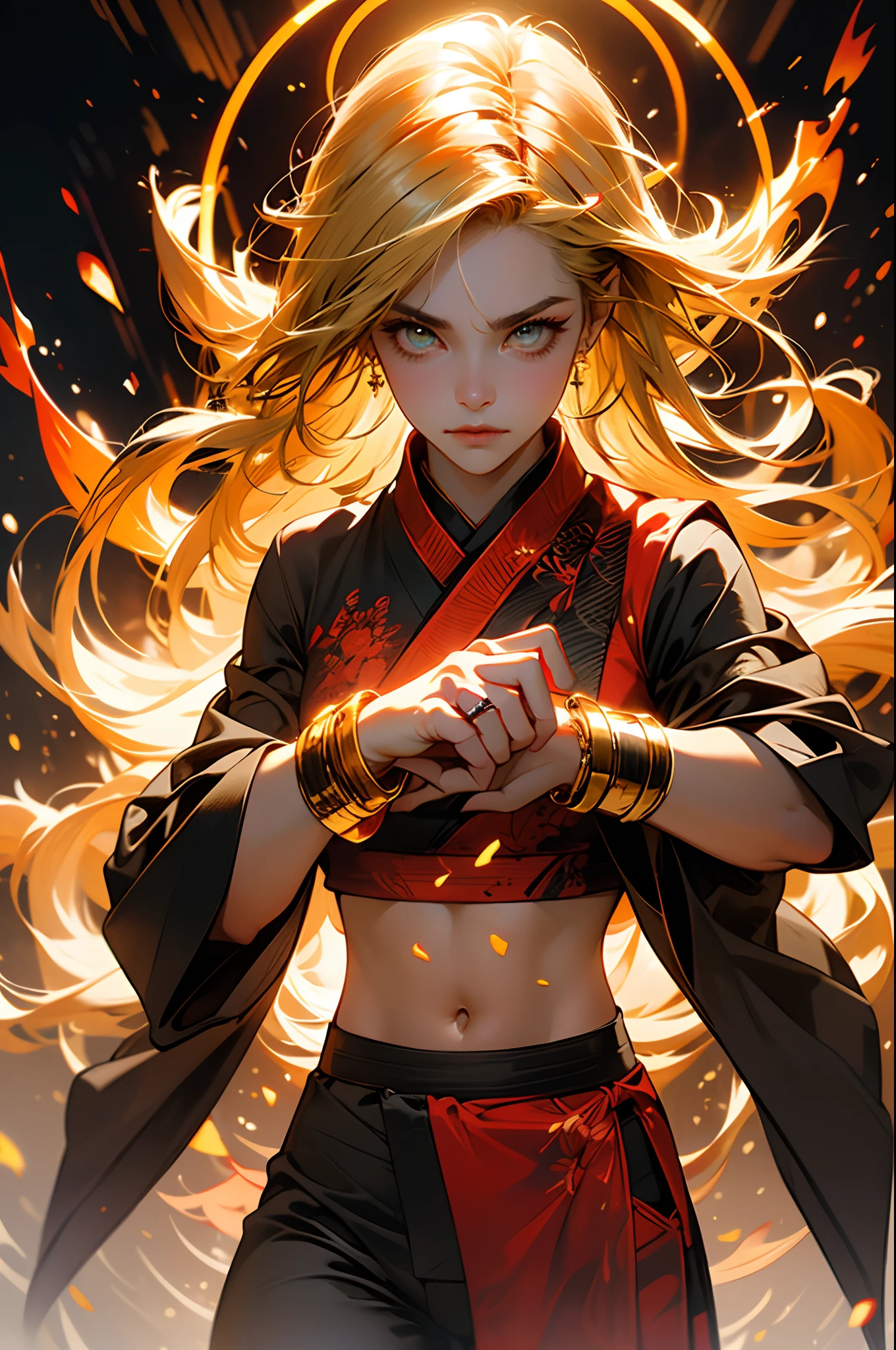 an Quority , Yellow hair, Serrana pants with an ancient pattern, 10 large gold ring bracelets for both hands, The position of martial arts experts. Flame halo effect, Fire particles, Fire HD with a dark light, Martial arts in the ring. Iron bracelet martial arts.