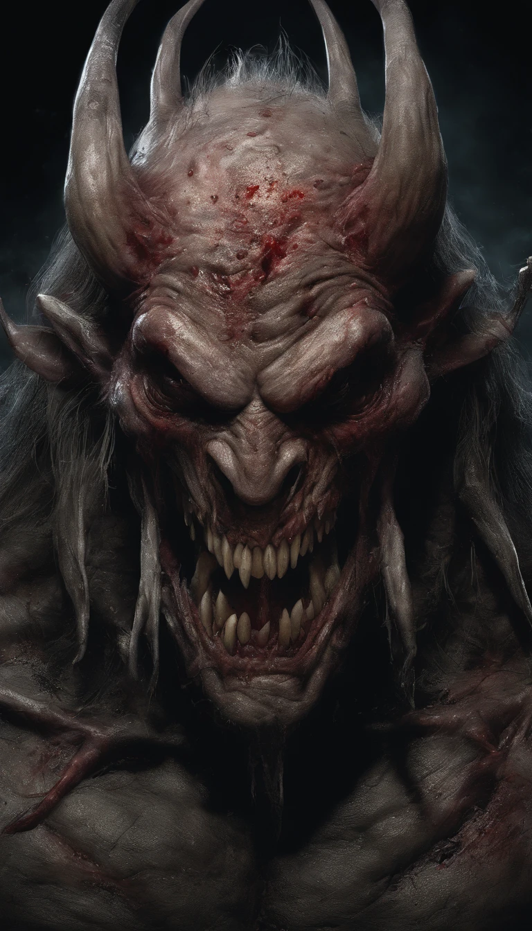 A demonic creature with a bloody face and a bloody head, carnificina, Sci - Horror Art of Fiction, Science fiction horror art, inspirado em Aleksi Briclot, Presas da carnificina, arte de fantasia de terror, Directed by: Aleksi Briclot, arte conceitual de terror, veneno, Arte de fantasia e terror, Detailed illustration of 4K horror, demonic creature, arte de terror de fantasia sombria