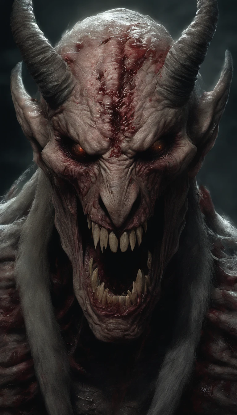 Draw a demonic creature with a bloody face and bloody head, genocide, Science fiction horror art, sci-fi horror artwork, inspired by Aleksi Briclot, Fangs of the slaughter, horror fantasy art, Alexis Bricklot(Alexis Bricklot), horror concept art, veneno, Fantasy and horror art, Detailed illustration of 4K horror, demonic creature, dark fantasy horror art