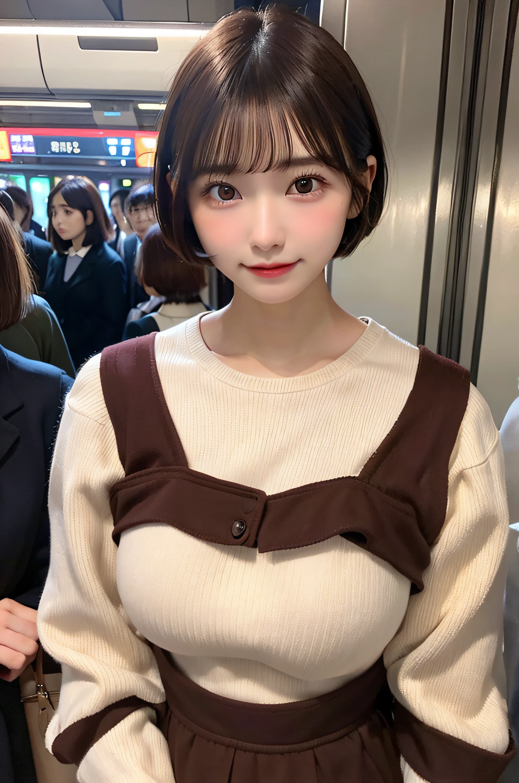 huge tit、g-cup、Height 145 cm、22year old、a baby face、with round face、japanes、Brown Bob Short Hair、Wearing a long-sleeved dress、Standing in front of me on a crowded train、I'm looking from above、Hands on chest