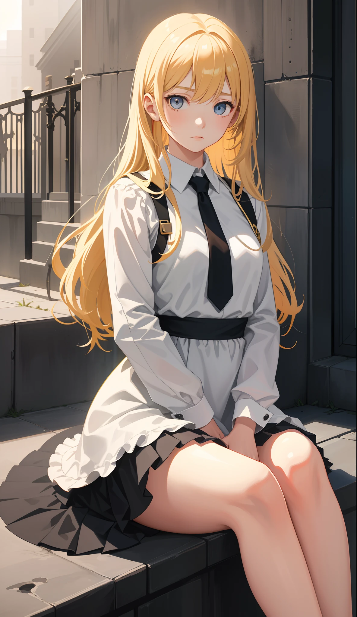An ultra-detailed, realistic anime-style masterpiece:1.2 featuring a single girl sitting on school stairs. The girl has beautiful detailed eyes, soft lighting illuminating her face, and she appears to be in a sad mood. The stairs, made of concrete, lead up to a school building in the background. The image has colored tones, creating a melancholic atmosphere. The overall image quality is of the highest standard, with high resolution and fine details in every aspect, including the girl's clothing and expression. The art style leans towards the anime aesthetic, with intricate linework and vibrant colors. The lighting is gentle, casting subtle shadows and highlighting the girl's features.