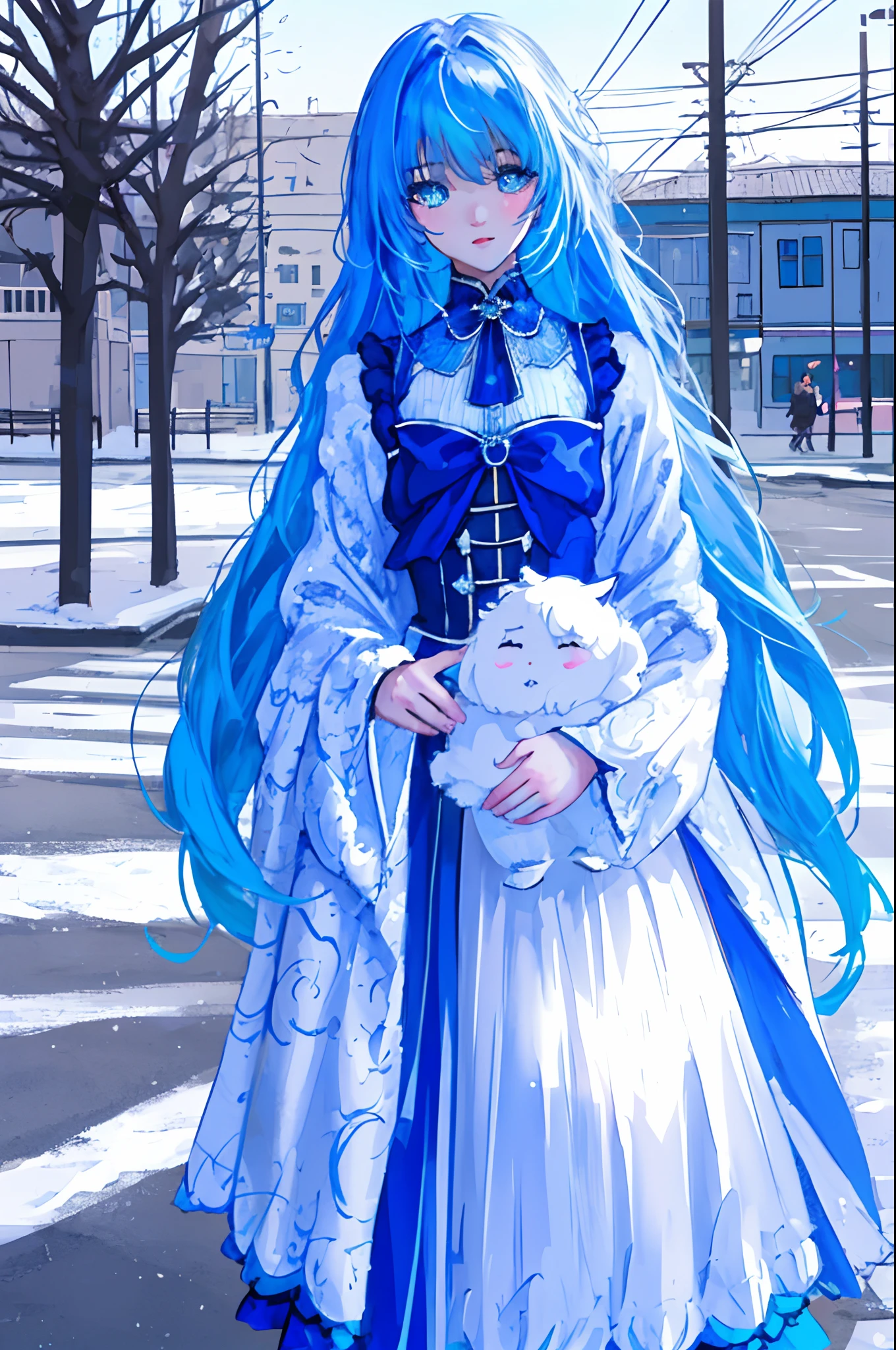 Bock style,Handsome girl,Sweet cool,Powder blue with variegated hair,the street,