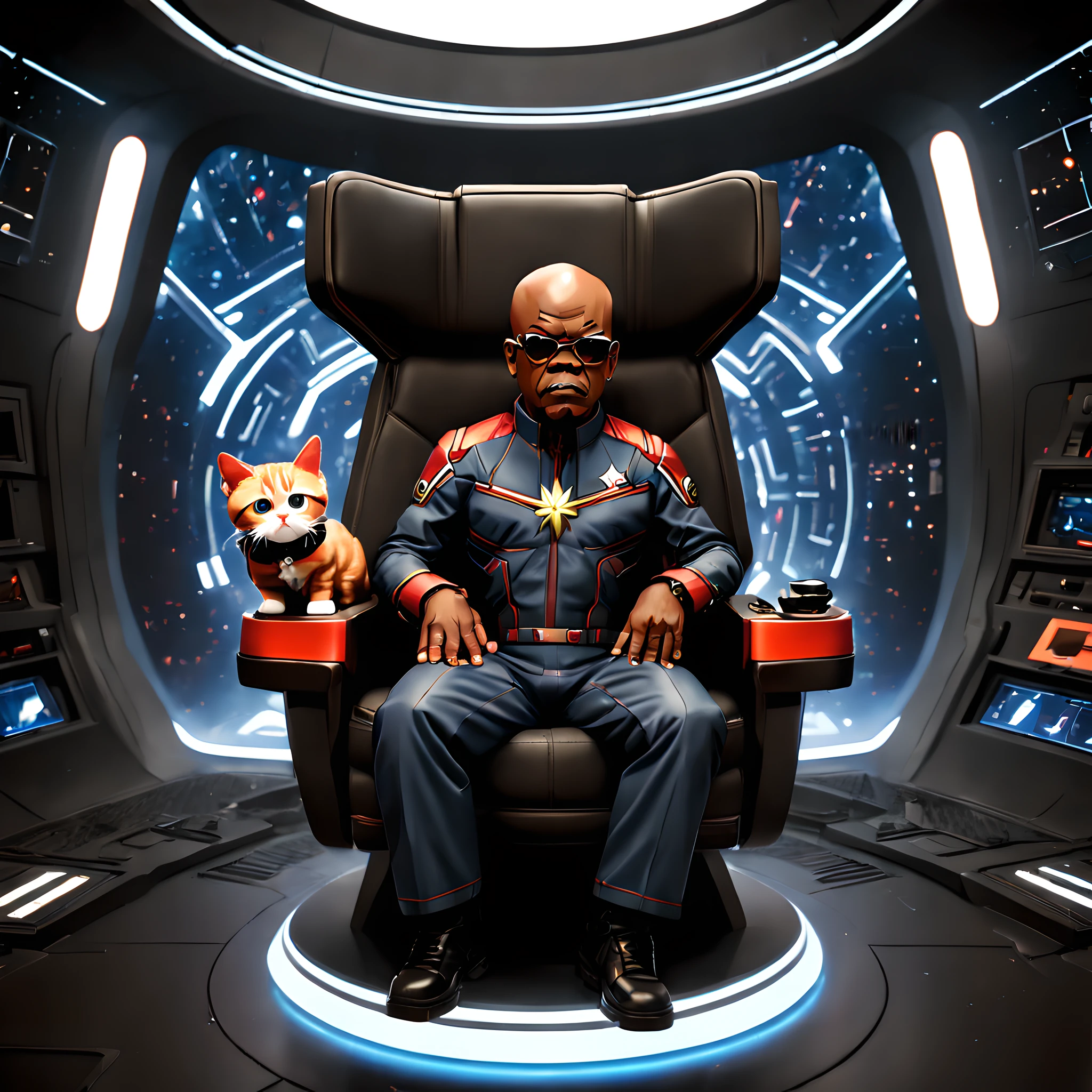 (Pixel art:1.5), (pixel theme:1.5), (chibi emote:1.5), (chibi character:1.5),(fantasy:1.5), (Inspiration from Captain Marvel:1.5), (Samuel L. Jackson sits in a futuric black chair, Holding a cat:1.5), (at avengers base:1.5),