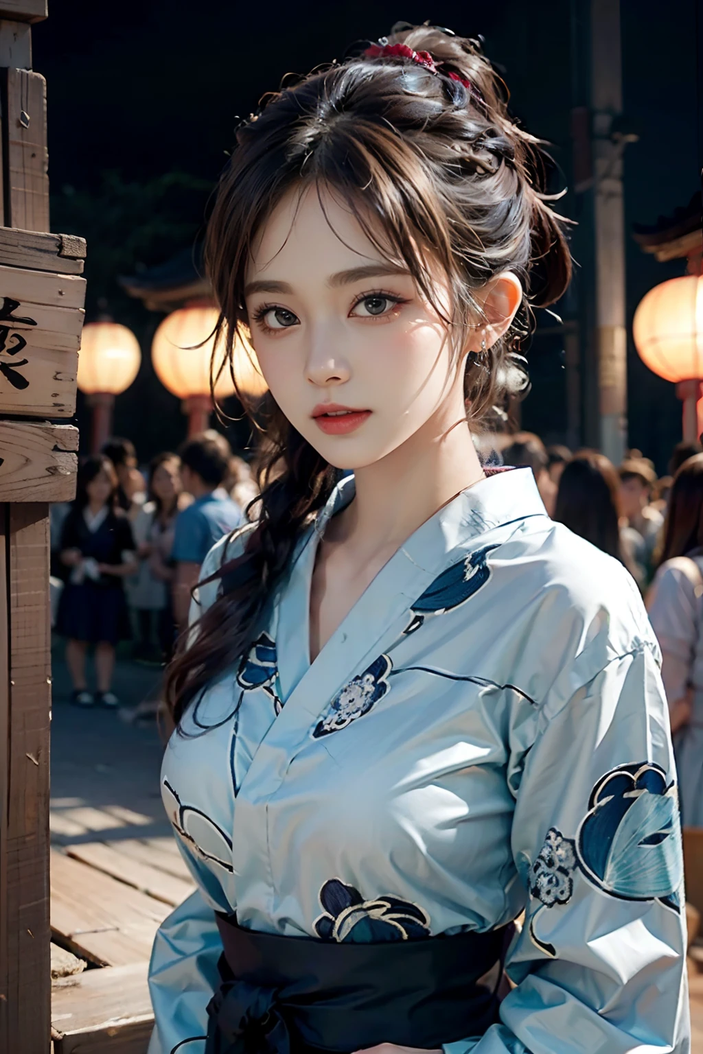 电影灯光，(((tmasterpiece))), ((best qualtiy)), ((intricate and detailed)), ((Ultra-realistic realism)), 4K,1beautiful woman, 25-years old, poneyTail,Ultra-fine yukata,美丽的面容,Beautiful brown eyes,face perfect,A slender,large full breasts,having a good time, Large fishbowl , Swirling flocks of goldfish, Floating goldfish, Graphic illustration, see fishes swimming,A lot of goldfish, amazing depth, Cutest, Lots of fish balls,Goldfish scooping at a summer festival, (The background is the summer festival of the shrine:1.4), Silver hair, split ponytail, star-shaped pupils, conceptual art, Art Nouveau, Glowing light, nffsw, Textured skin, masutepiece, Anatomically correct, Best Quality, 8K