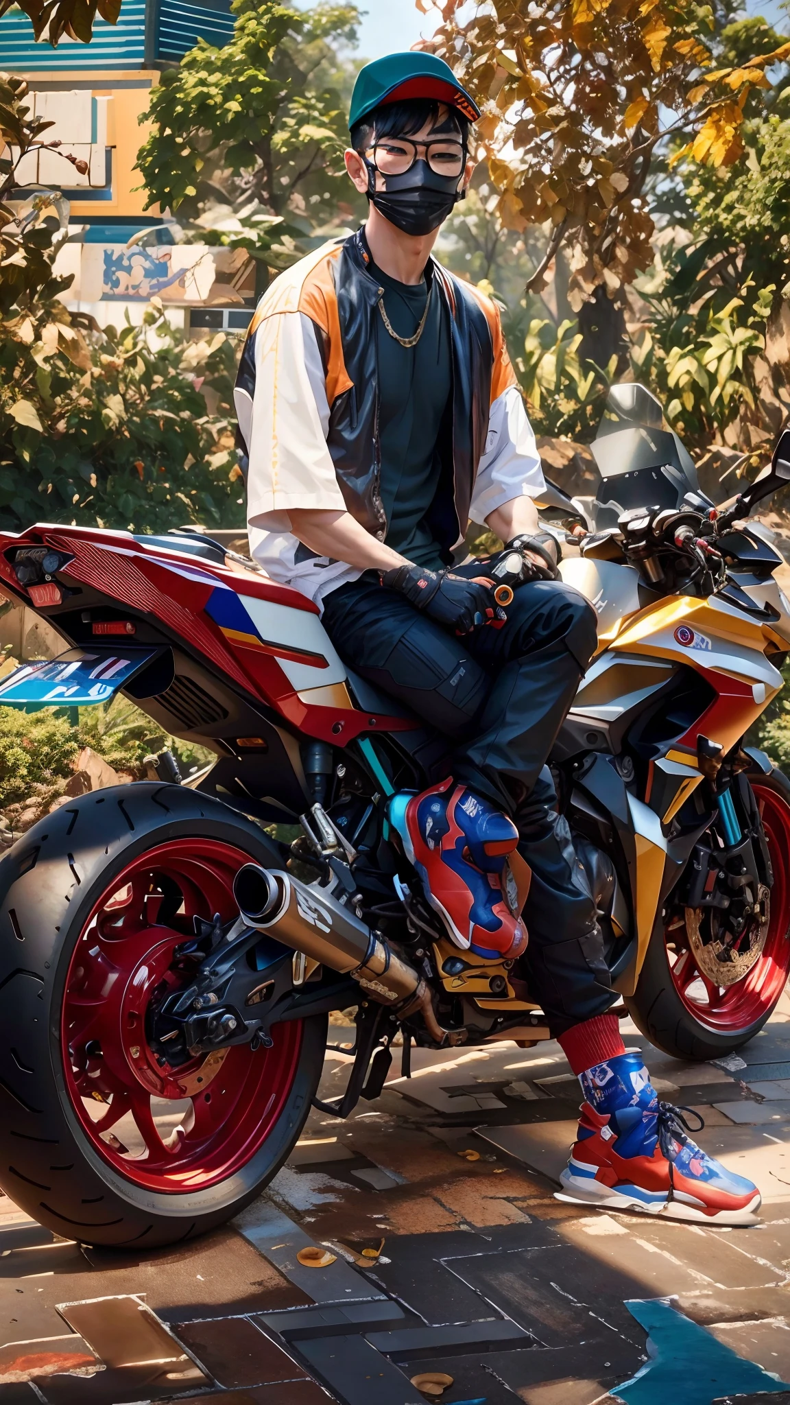 there is a korea boy sitting on a motorcycle wearing a mask, sitting on cyberpunk motorbike, sitting on a motorcycle, motorbiker, motorcycle, picture of a male biker, taken in 2 0 2 0, photoshoot, riding a motorcycle, mid shot portrait, portrait shot, realism artstyle, biker, badass composition, hyper realistic style, wearing japanese techwear, portrait shot 8 k