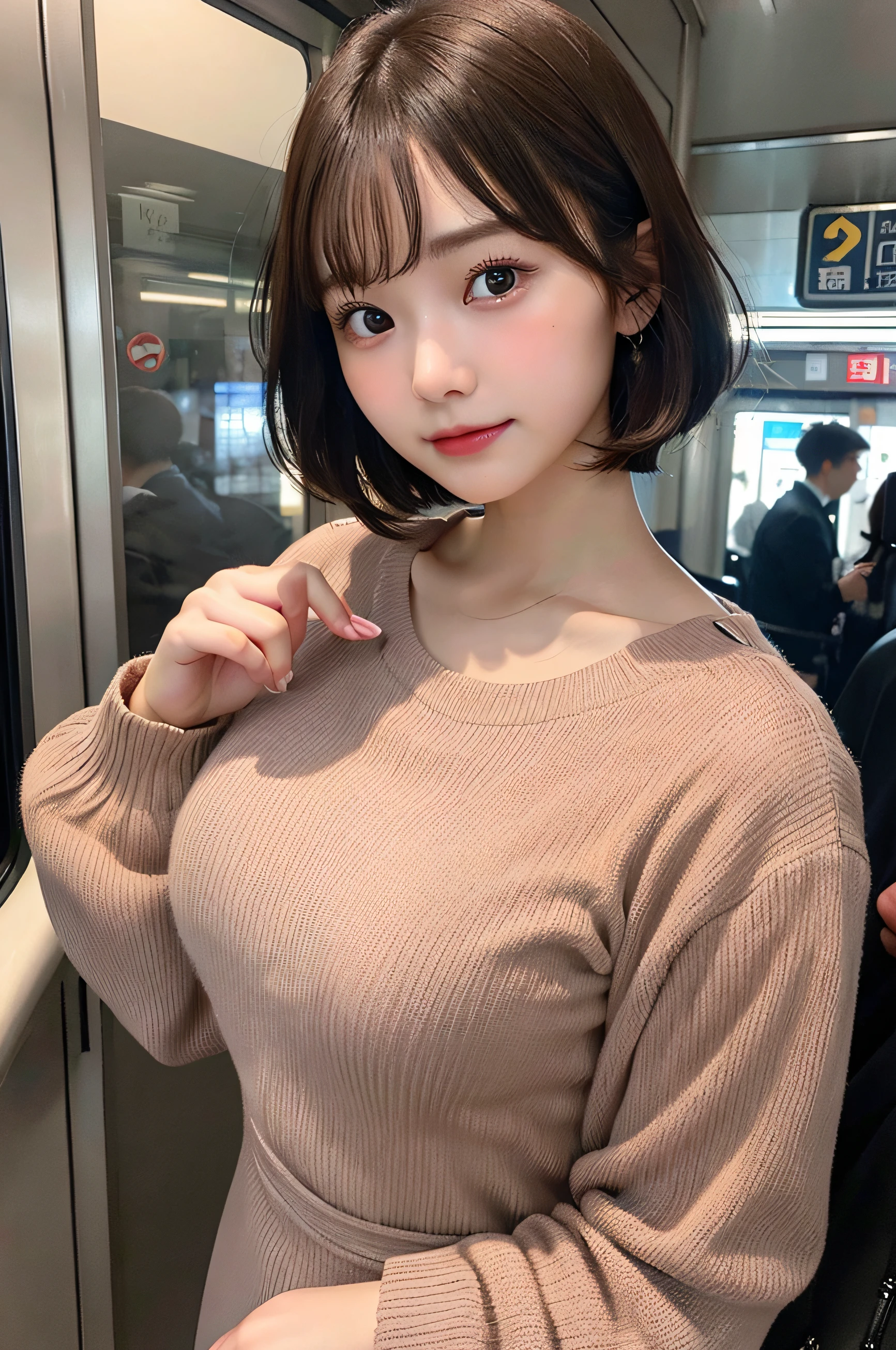 Top image quality、4K picture quality、8K picture quality、huge tit、g-cup、Height 145 cm、22year old、a 、with round face、japanes、Brown Bob Short Hair、Wearing a long-sleeved dress、Standing in front of me on a crowded train、I'm looking from above、Hands on chest