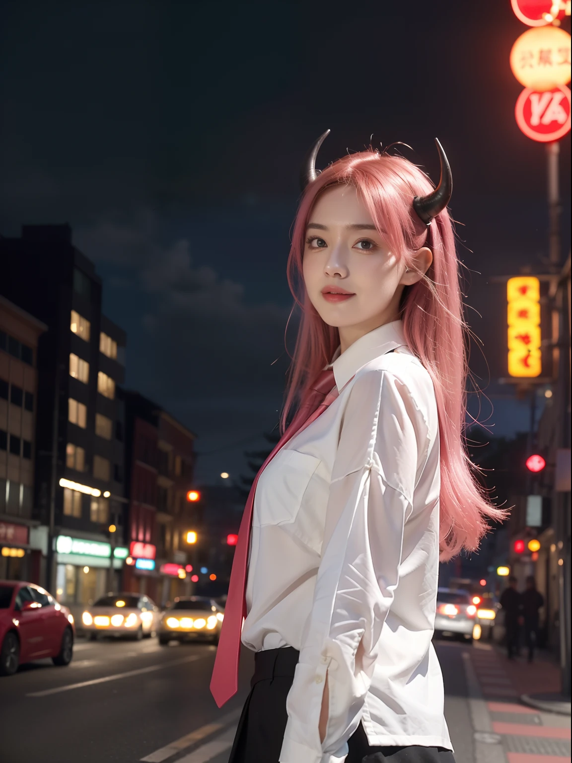 1girll, Long pink hair, Red horns, White collared shirt, black necktie, Light smile, Yellow eyes, cornea_power,, Buildings,Shops,Town streets, Dark sky, scenery,Neon signs,Night City, Japanese lyrics,, , absurderes, Detailed eyes, Extremely detailed, voluminetric lighting, Realistic, Realistic lighting, 8K, Cinematic lighting, Depth of field, Perfect, Hyper-detailed, Photorealistic, Ultra photo realsisim, Realistic light, hard lighting, Intricate details, stop-motion, Tone-mapping, Sharp focus, ultra - detailed,