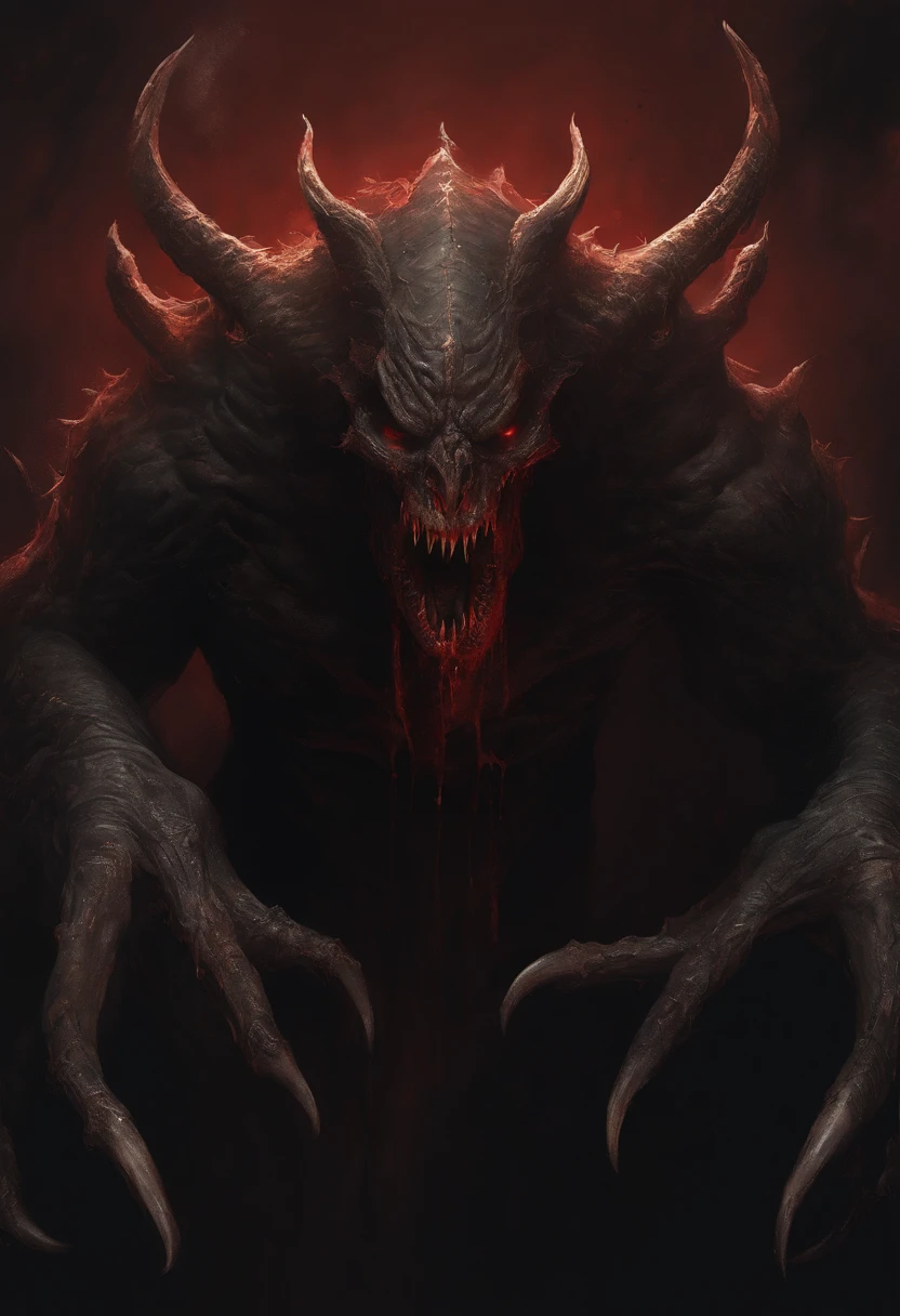 Draw a demonic creature with a bloody face and bloody head, genocide, Science fiction horror art, sci-fi horror artwork, inspired by Aleksi Briclot, Fangs of the slaughter, horror fantasy art, Alexis Bricklot（Alexis Bricklot）, horror concept art, veneno, Fantasy and horror art, Detailed illustration of 4K horror, demonic creature, dark fantasy horror art