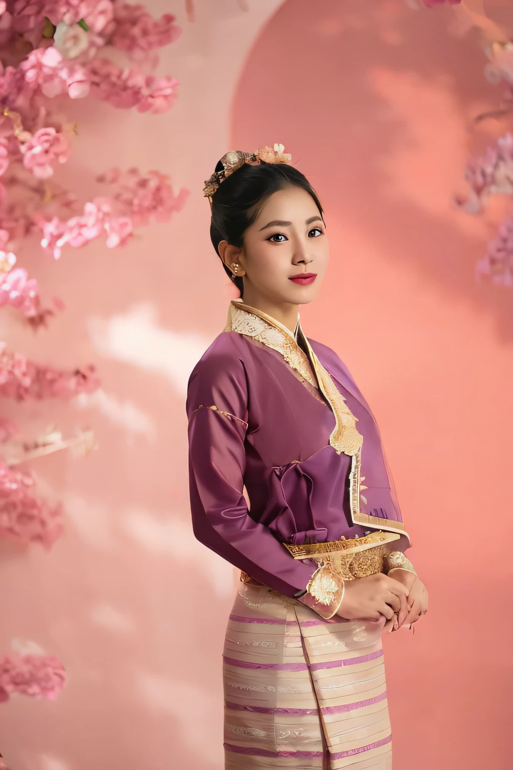 a close up of a woman in a purple dress and a red scarf, sukhothai costume, sarong, traditional dress, traditional beauty, detailed image, idian dress, traditional clothes, traditional, wearing an elegant tribal outfit, dressed in long fluent skirt, traditional clothing, ad image, very beautiful enga style, traditional tai costume, wearing purple strapless dress