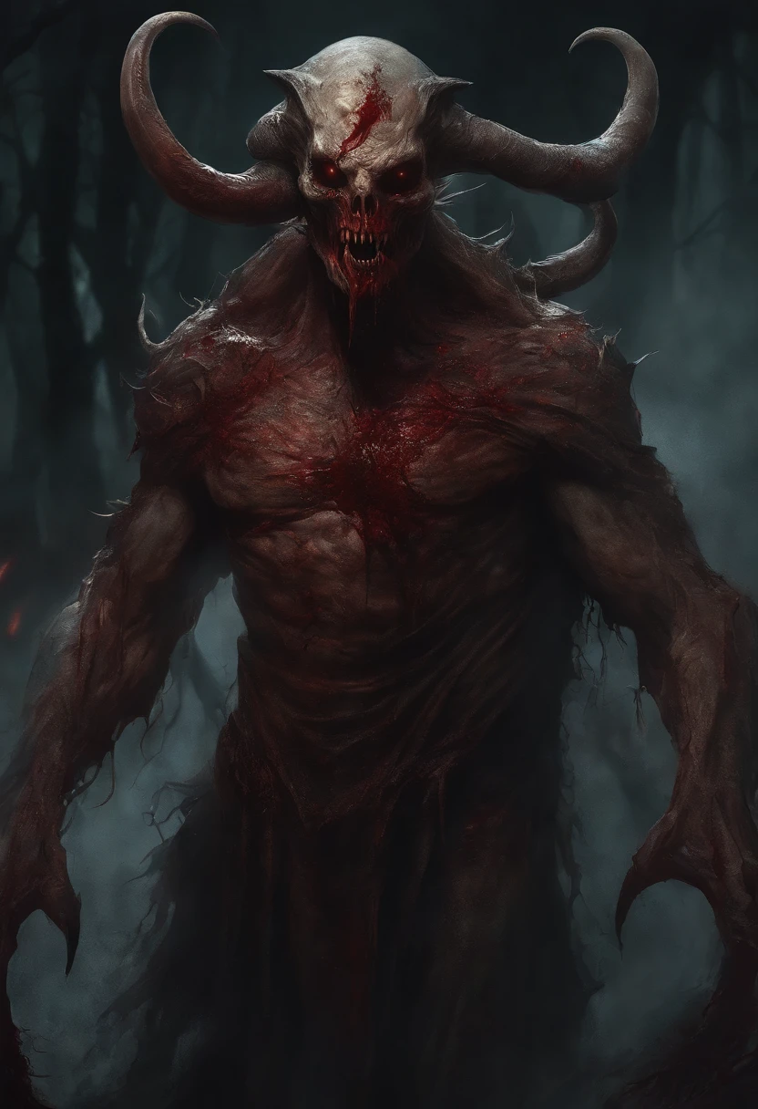 Draw a demonic creature with a bloody face and bloody head, genocide, Science fiction horror art, sci-fi horror artwork, inspired by Aleksi Briclot, Fangs of the slaughter, horror fantasy art, Alexis Bricklot（Alexis Bricklot）, horror concept art, veneno, Fantasy and horror art, Detailed illustration of 4K horror, demonic creature, dark fantasy horror art