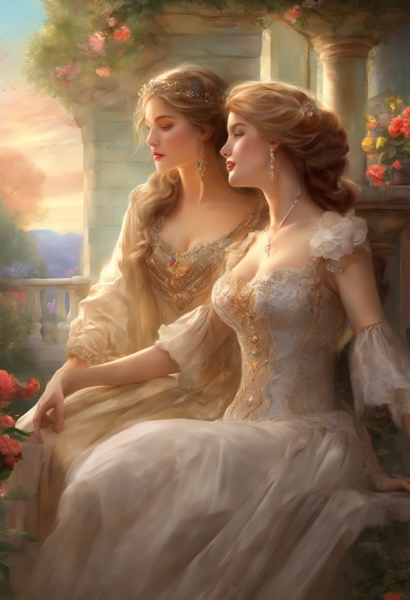 "(best quality, highres, ultra-detailed), Full body shot, 2 women in Victorian fashion having a romantic affair on a veranda, beautiful detailed eyes, beautiful detailed lips, long eyelashes, flowing satin gowns, intricate lace details, opulent jewelry, soft afternoon sunlight, blooming flowers, delicate porcelain tea set, antique furniture, vintage charm, intimate embrace."