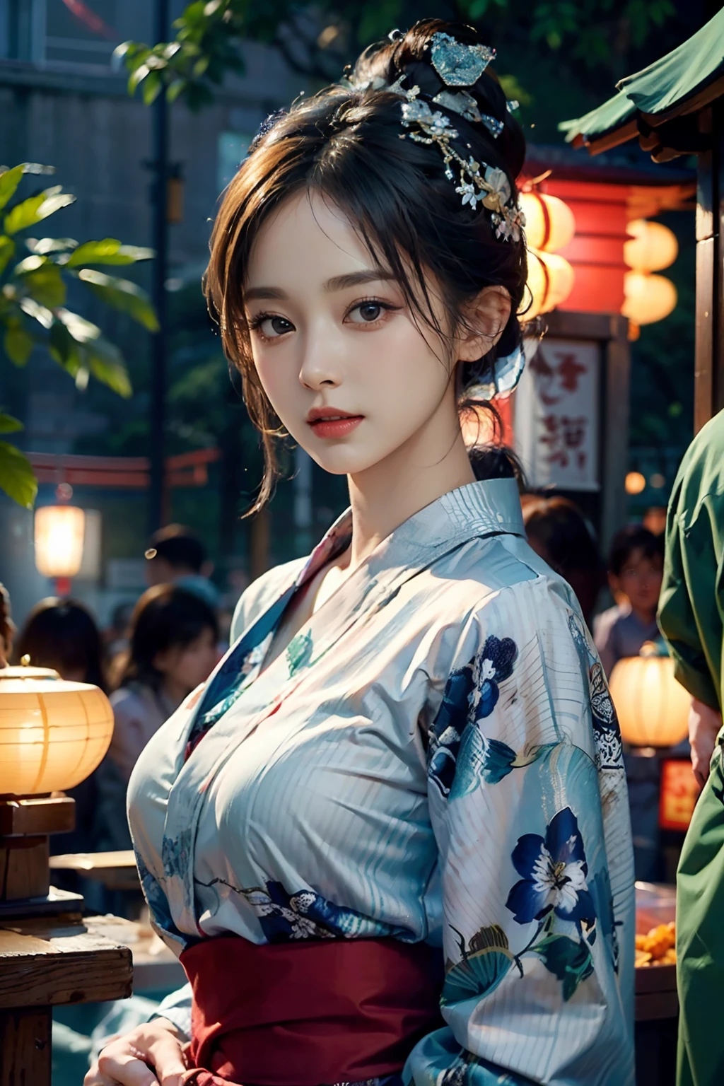 电影灯光，(((tmasterpiece))), ((best qualtiy)), ((intricate and detailed)), ((Ultra-realistic realism)), 4K,1beautiful woman, 25-years old, poneyTail,Ultra-fine yukata,美丽的面容,Beautiful brown eyes,face perfect,A slender,large full breasts,having a good time, Large fishbowl , Swirling flocks of goldfish, Floating goldfish, Graphic illustration, see fishes swimming,A lot of goldfish, amazing depth, Cutest, Lots of fish balls,Goldfish scooping at a summer festival, (The background is the summer festival of the shrine:1.4), Silver hair, split ponytail, star-shaped pupils, conceptual art, Art Nouveau, Glowing light, nffsw, Textured skin, masutepiece, Anatomically correct, Best Quality, 8K