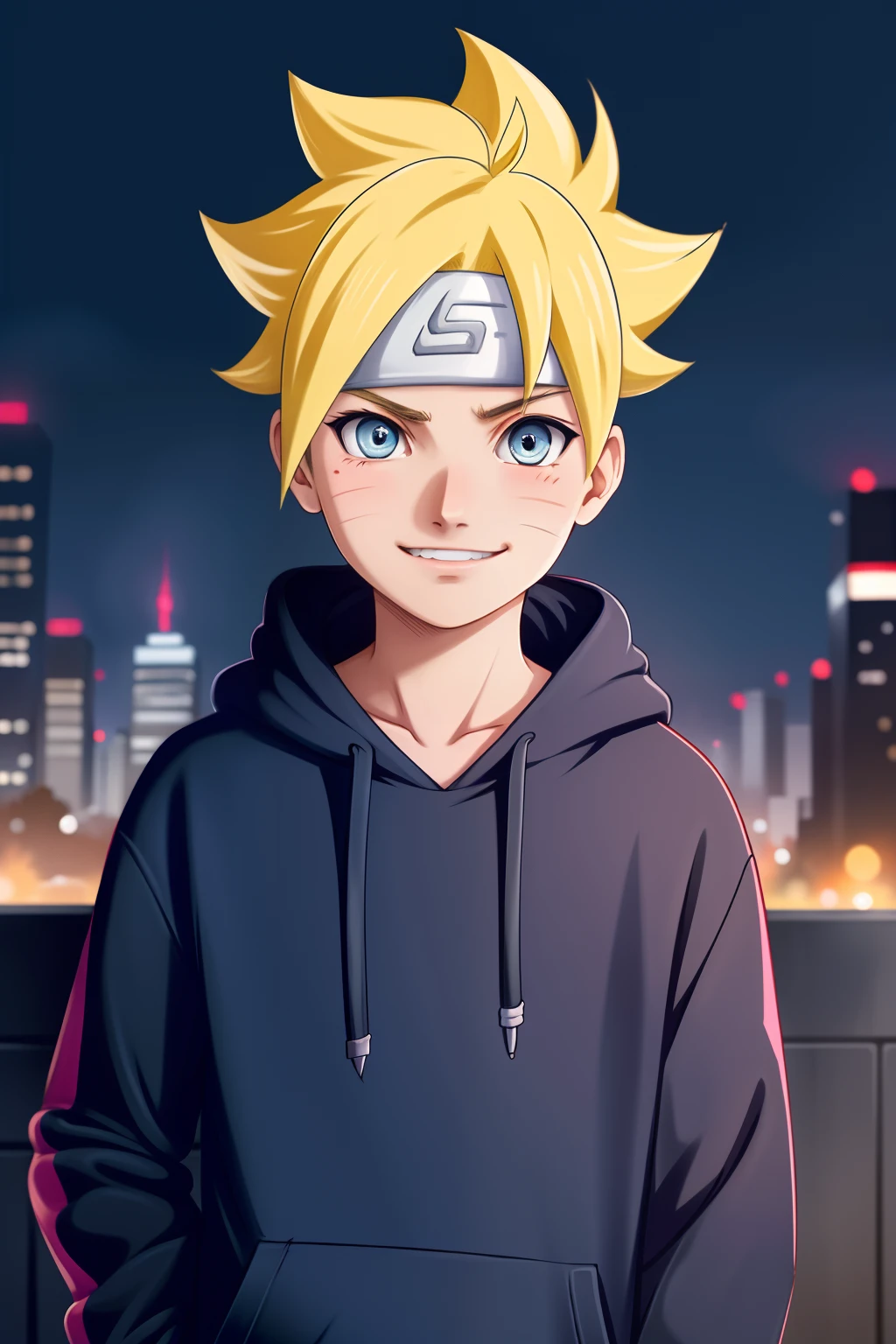 masterpiece, ultra-detailed, 1boy, male focus, upper body shot, Uzumaki Boruto wearing maroon Streetwear Hoodie, yellow hair, Blue eyes, look at viewer, happy face, vibrant colors, cityscape background, dinamic lighting, highly detailed face, stylish, urban style, cool attitude, bokeh, blurry background,