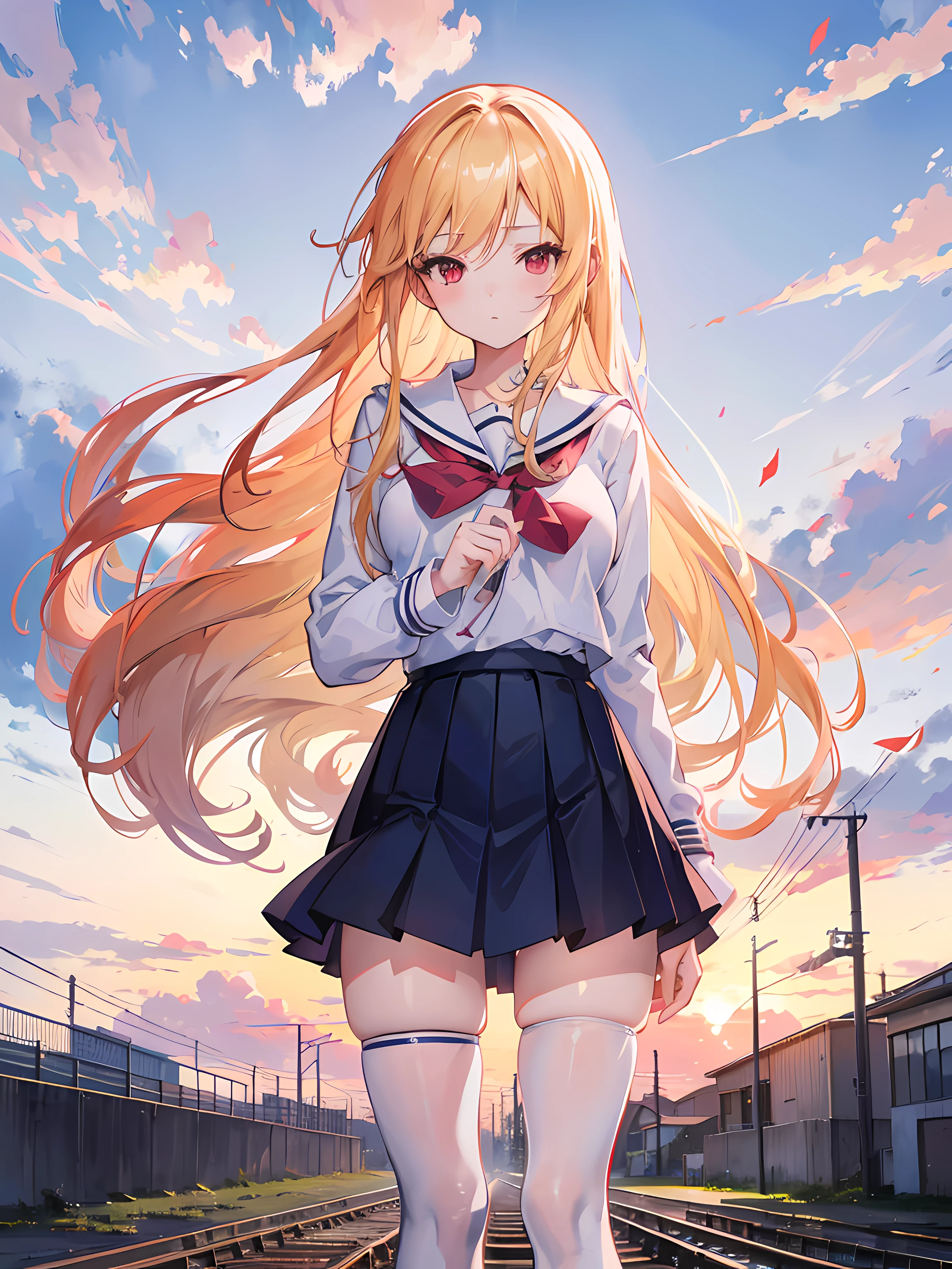 anime girl in school uniform standing on a city street, train tracks in the background, sunset, blowing wind, (1girl), long blonde hair, red eyes, white tights, small breasts, beautiful sky, beautiful anime high school girl, anime style digital art, anime moe artstyle, beautiful anime artwork, ultrasharp, masterpiece, high res, 8k