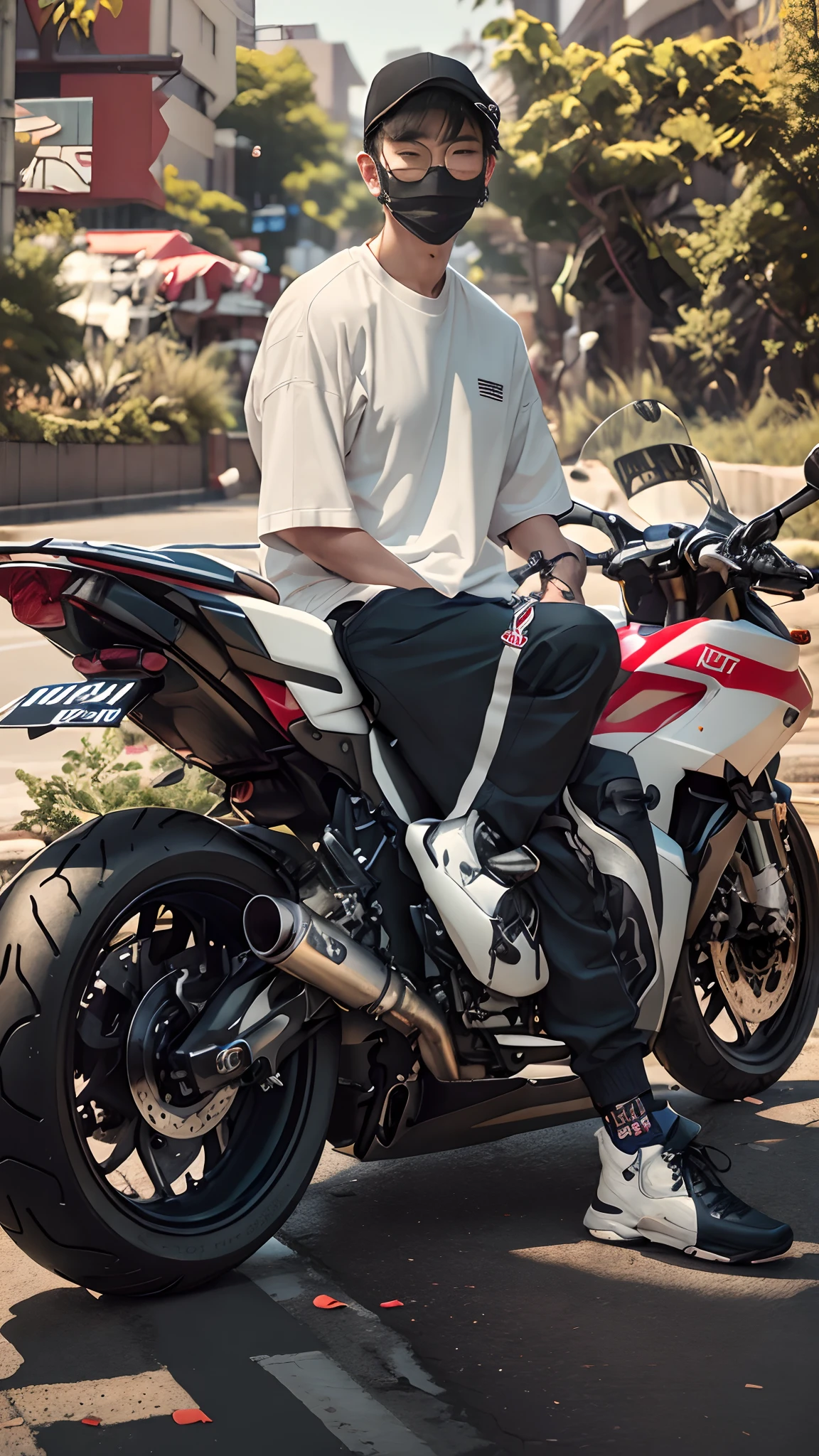 there is a korea boy sitting on a motorcycle wearing a mask, sitting on cyberpunk motorbike, sitting on a motorcycle, motorbiker, motorcycle, picture of a male biker, taken in 2 0 2 0, photoshoot, riding a motorcycle, mid shot portrait, portrait shot, realism artstyle, biker, badass composition, hyper realistic style, wearing japanese techwear, portrait shot 8 k
