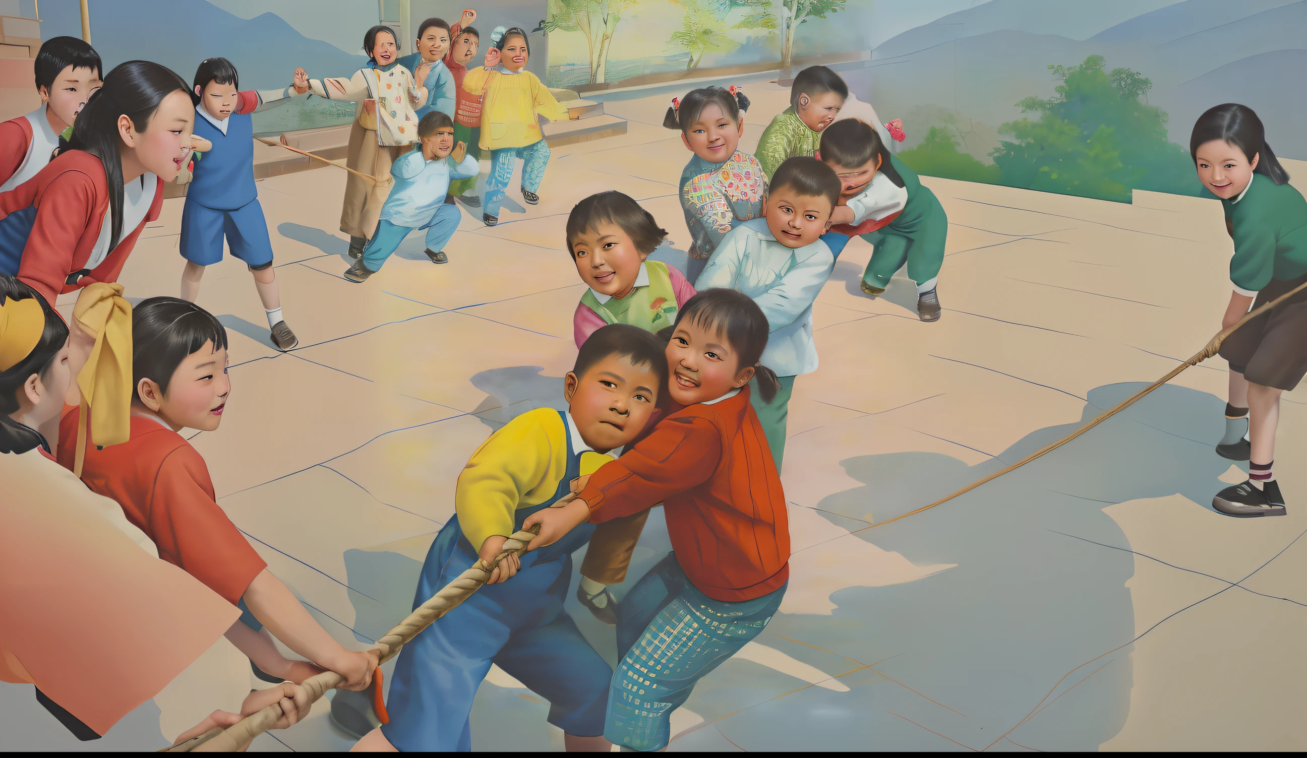 Tug-of-war for elementary school students in a Chinese mountain village，Retro，Illustration style，80shair