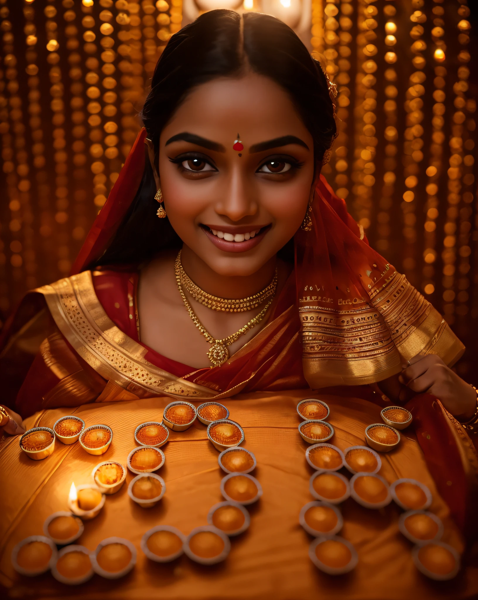 (masterpiece Photography:1.3) of a ravishing indian Girl celebrating Diwali by lighting Diyas , wearing elegant Lehenga and Choli, (ravishing glossy wavy backlit hair), lots of diyas, (big intricate eyes:1.3), (bright smile:1.3) soft dramatic lighting, Diwali decorations, lanterns, fireworks in sky, backlit, light rays, highly detailed, trending on artstation, paint splashes, rich colour, Street photography, by Ron Hicks