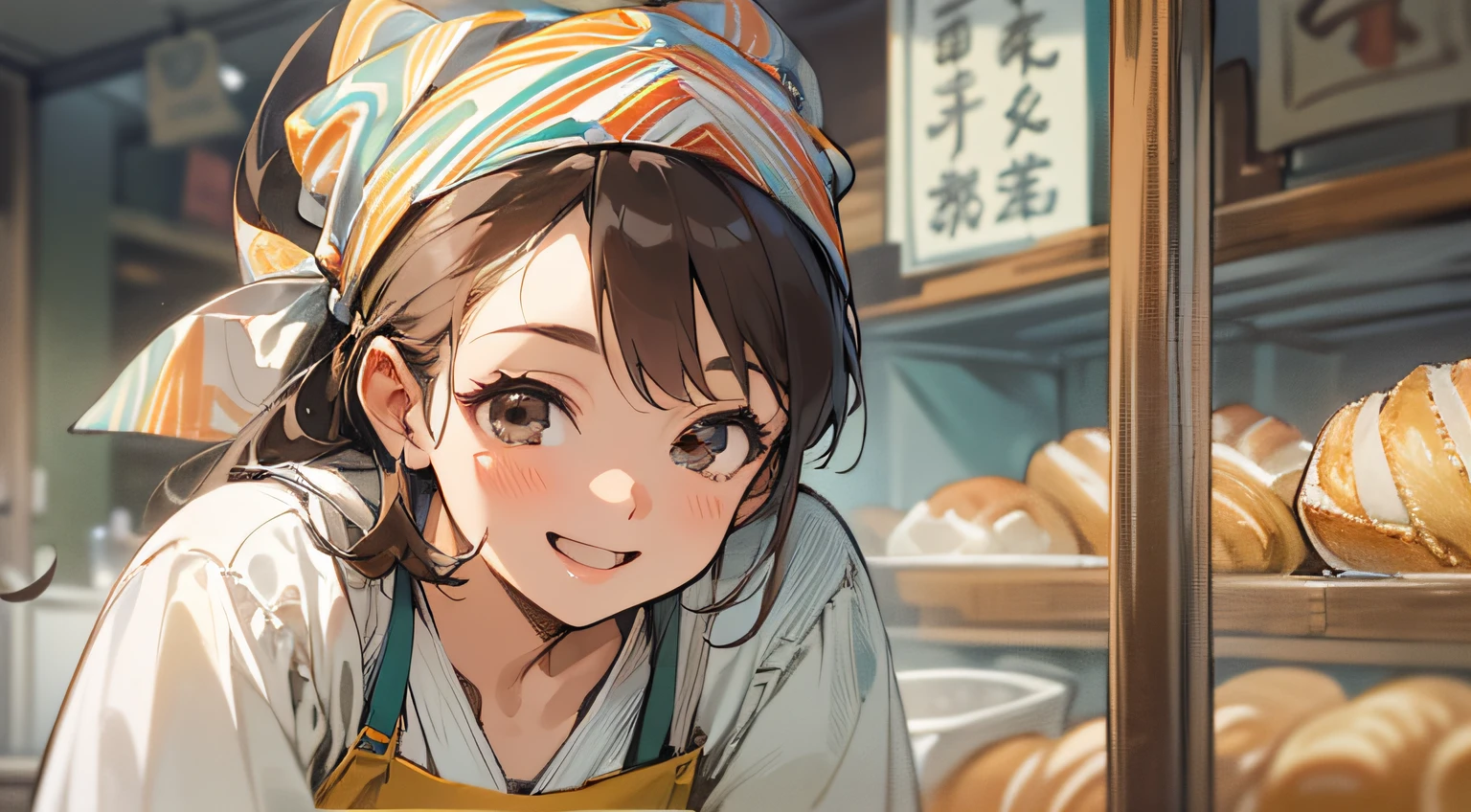 ​masterpiece、top-quality、40-year-old brown-eyed woman、Wearing a bandana、japanese comic book、Wearing an apron、(Smiling expression:1.3)、(Staring:1.5)、(Close-up of the subject's face:1.3)、Bakery in the background、Have bread、Bold composition、Upper body is shown、Alone、