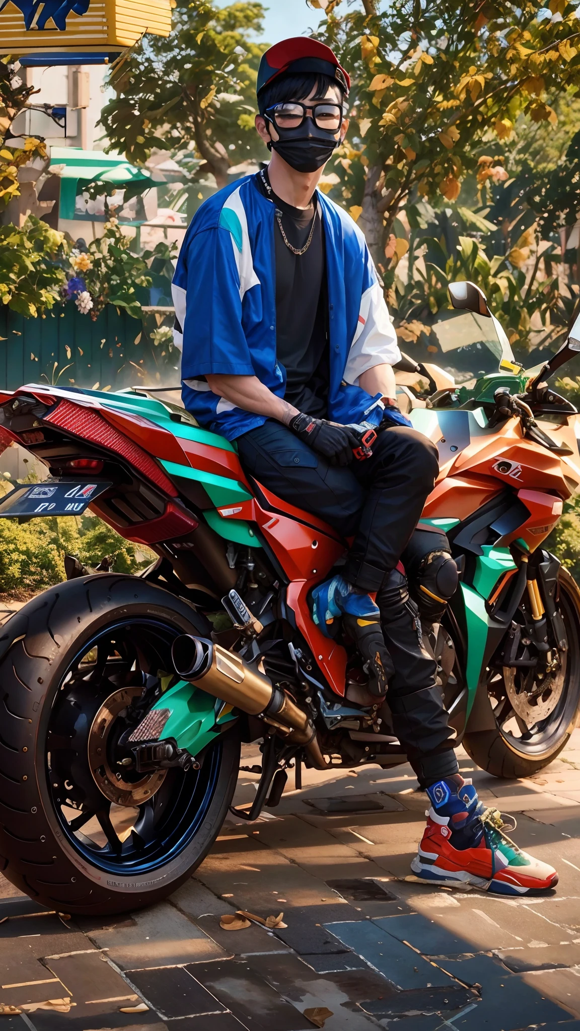 there is a korea boy sitting on a motorcycle wearing a mask, sitting on cyberpunk motorbike, sitting on a motorcycle, motorbiker, motorcycle, picture of a male biker, taken in 2 0 2 0, photoshoot, riding a motorcycle, mid shot portrait, portrait shot, realism artstyle, biker, badass composition, hyper realistic style, wearing japanese techwear, portrait shot 8 k