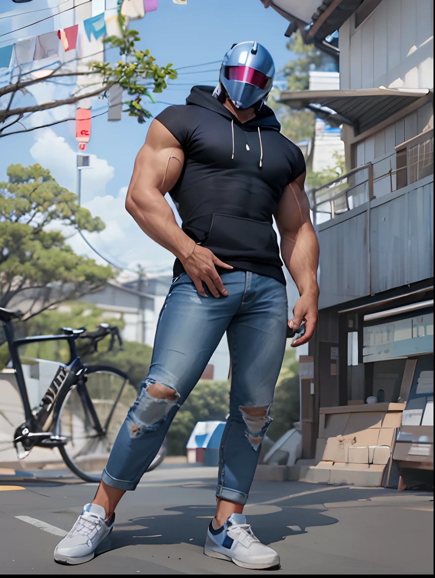 Muscular male, faceless, helmet covering all of face, futuristic helmet, dark blue slaveless hoodie, blue jeans, white shoes, quiet japanese street home background