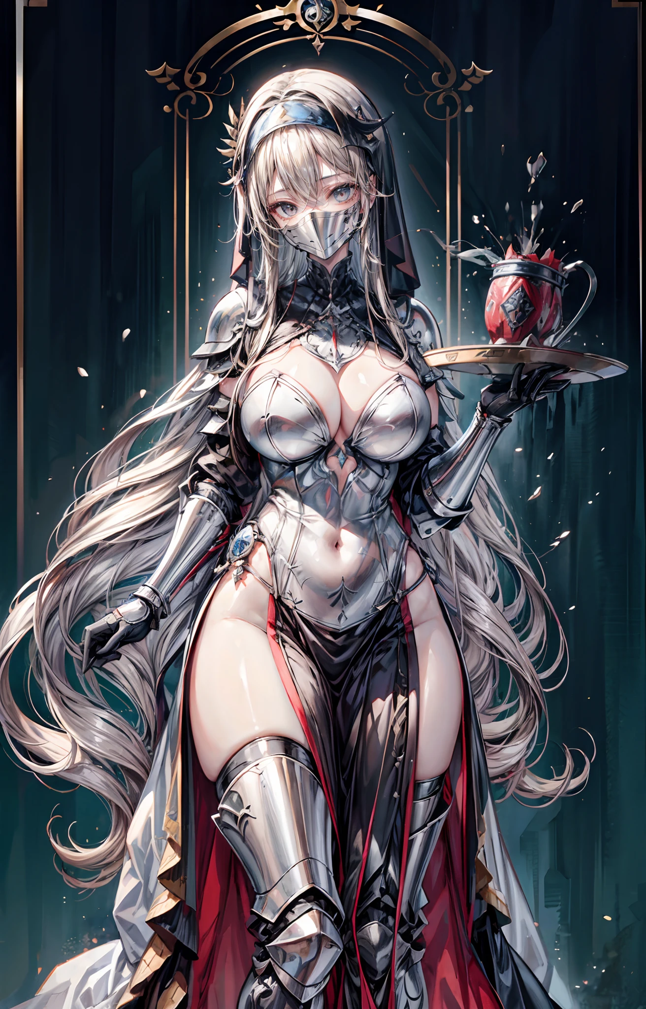 lewd nun，Wear an iron mask+，Long flowing blonde hair,（Wear an iron mask：2.0）and armor，Wearing an iron mask and armor，Long face，Long face，Long face shape