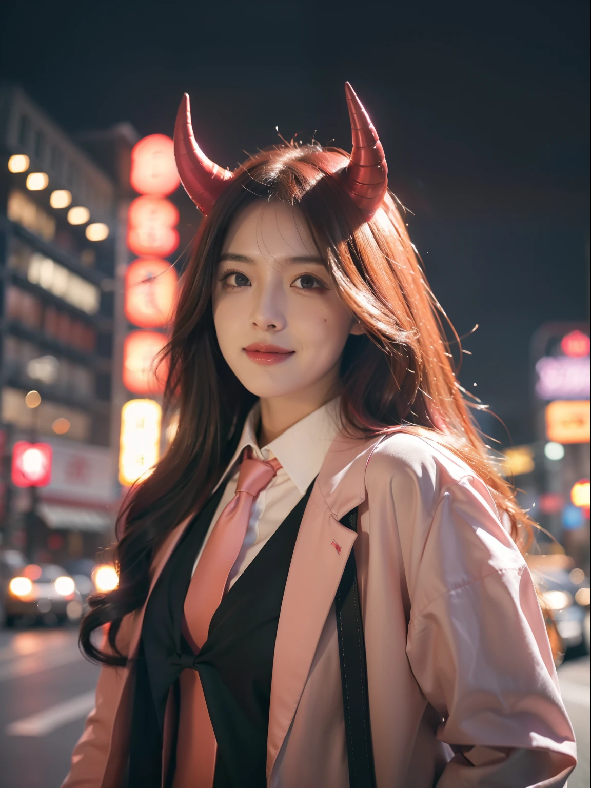 1girll, Long pink hair, Red horns, White collared shirt, black necktie, Light smile, Yellow eyes, cornea_power,, Buildings,Shops,Town streets, Dark sky, scenery,Neon signs,Night City, Japanese lyrics,, , absurderes, Detailed eyes, Extremely detailed, voluminetric lighting, Realistic, Realistic lighting, 8K, Cinematic lighting, Depth of field, Perfect, Hyper-detailed, Photorealistic, Ultra photo realsisim, Realistic light, hard lighting, Intricate details, stop-motion, Tone-mapping, Sharp focus, ultra - detailed,