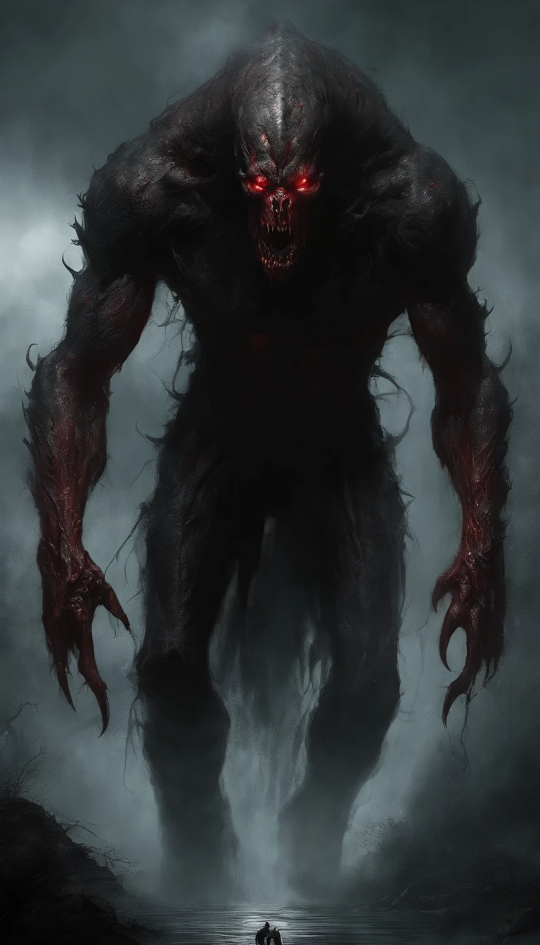 Draw a strong, massive, demonic creature with a bloody face and a bloody head, genocide, Science fiction horror art, sci-fi horror artwork, inspired by Aleksi Briclot, Fangs of the slaughter, horror fantasy art, Alexis Bricklot(Alexis Bricklot), horror concept art, veneno, Fantasy and horror art, Detailed illustration of 4K horror, demonic creature, dark fantasy horror art