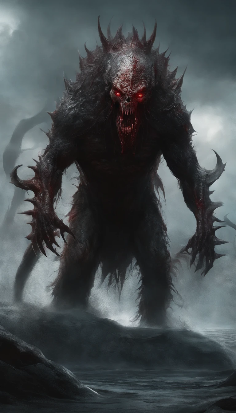 Draw a strong, massive, demonic creature with a bloody face and a bloody head, genocide, Science fiction horror art, sci-fi horror artwork, inspired by Aleksi Briclot, Fangs of the slaughter, horror fantasy art, Alexis Bricklot(Alexis Bricklot), horror concept art, veneno, Fantasy and horror art, Detailed illustration of 4K horror, demonic creature, dark fantasy horror art