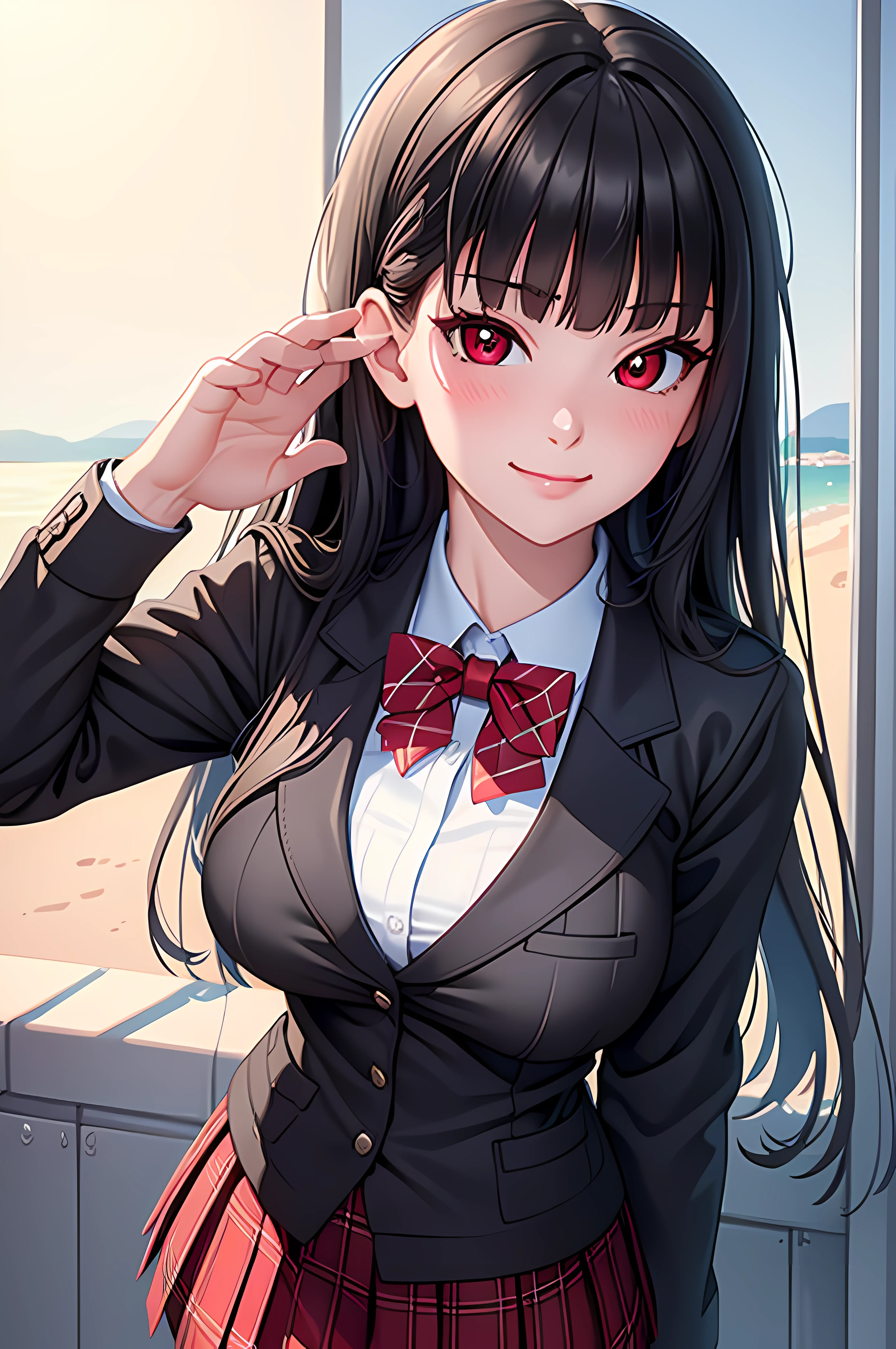 ((masterpiece, best quality, highres, UHD, perfect pixel, depth of field)), (smooth CG, photorealistic:1.1, realistic texture, detailed face), Rio, 1girl, medium breasts, seductive, busty, smile, natural light, cinematic, black hair, long hair, blunt bangs, (red eyes, beautiful pupils), (school uniform, cardigan, red bowtie, plaid skirt, black jacket, open jacket), street view, dynamic pose, from below, pov, look at viewer, blushing