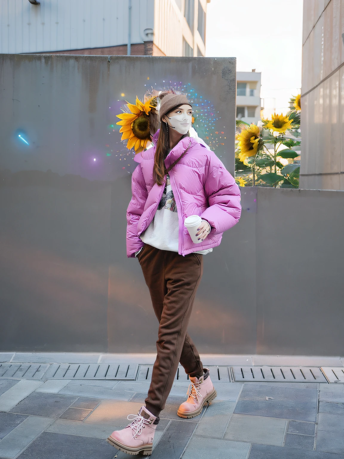 A sunflower graffiti style in the upper left corner,Fill with gradients of orange and purple,There are some white droplets and stars around,The shape of the sunflower has some curves and movement,