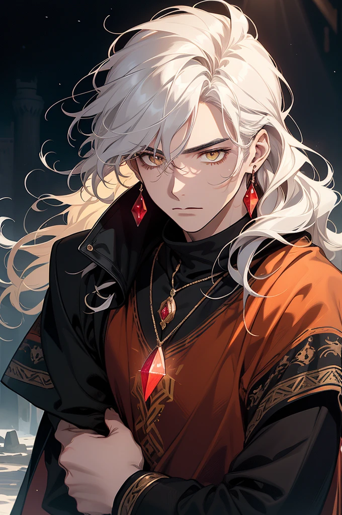 (((1male))), (Highest quality), Official Art Illustration, solo, antique handsome guy, handsome, asymmetrical hairstyle, eyes with no reflection, Shura, fov, f/1.8, masterpiece, night, side light, moonlight on people, 8K, hazy, ((cute late-teen guy)), (young age), (light brown European skin). (masterpiece), (young looking), detailed face, cosy vibe, close-up photography, wearing a giant red gemstone pendant, wearing a simple black robe, full sleeve black robe, minimal cinematic closeup photography of a teenage young guy squinting his eyes while staring at the viewer, cold eyes, volumetric lighting, dynamic lighting, raytracing, RTX, (full-white hair), wavy and curly hair, droopy eyelids, a bored and tired expression, cold expression, (red-orange-yellow crystal eyes), hyperrealistic lighting, (dramatic lighting), long hair, smooth details, ((long spiky and curly and wavy hair)), white eyebrows, while eyelashes, wearing rhombus shaped ruby male earrings, headshot photography, (head focused in the image), masculine cold eyes, (head and body tilted straight forward and towards the viewer), ((artistic pose)), condescending, lean body, in a castle, medieval fantasy