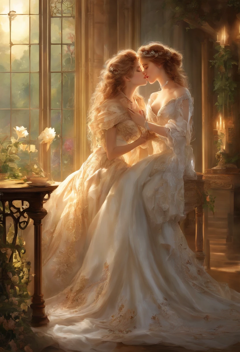 "(best quality, highres, ultra-detailed), Full body shot, 2 women in Victorian fashion passionately kissing and caressing breasts on a veranda, beautiful detailed eyes, beautiful detailed lips, long eyelashes, flowing satin gowns, intricate lace details, opulent jewelry, soft afternoon sunlight, blooming flowers, delicate porcelain tea set, antique furniture, vintage charm, intimate embrace."