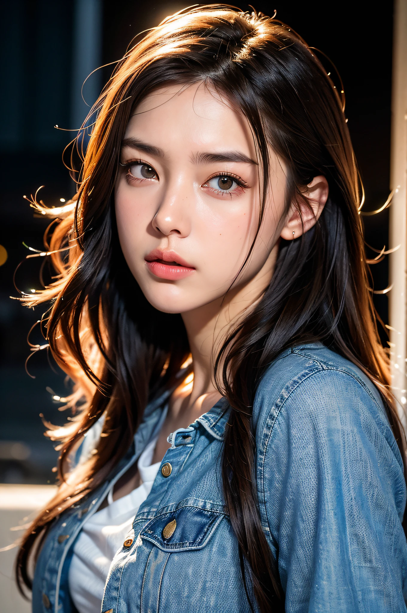 Full face portrait photo of 25 year old European girl、raw、Beautuful Women、Semi-open strawberry lip、Dimples、A wistful look、(Extra long wavy brown hair)、((A detailed face))、((detailed facial features))、(Fine detailed skin)、pale-skinned、(Detailed white sweater with a deep neckline、Denim jeans)、Cyberpunk Megacity Environment、(cool color)、moist、moist、Reflectors、(​masterpiece)(perfectly proportions)(photos realistic)(top-quality)(detaileds)photographed in a Canon EOS R5、 50mm Lens, F / 2.8, nffsw, (8K) (wall-paper) (电影灯光) (Dramatic Lighting) (foco nítido) (Convoluted), Raw photography, Raw photography, Gigachad Photos, Pose for the camera, Denim jeans,8K UHD, Digital SLR, hightquality, Grain film, FujifilmXT3, Film Stock Photo 4 Kodak Portra 400 Camera F1.6 Lenses Rich colors Ultra-realistic textures Dramatic lighting Unreal Engine Art Station Trends Cinestill 800 Tungsten, toughboy style、Ultra Focus Face、Intimidating、Combat position、Short messy hair、musculature、Ruptured veins、bead