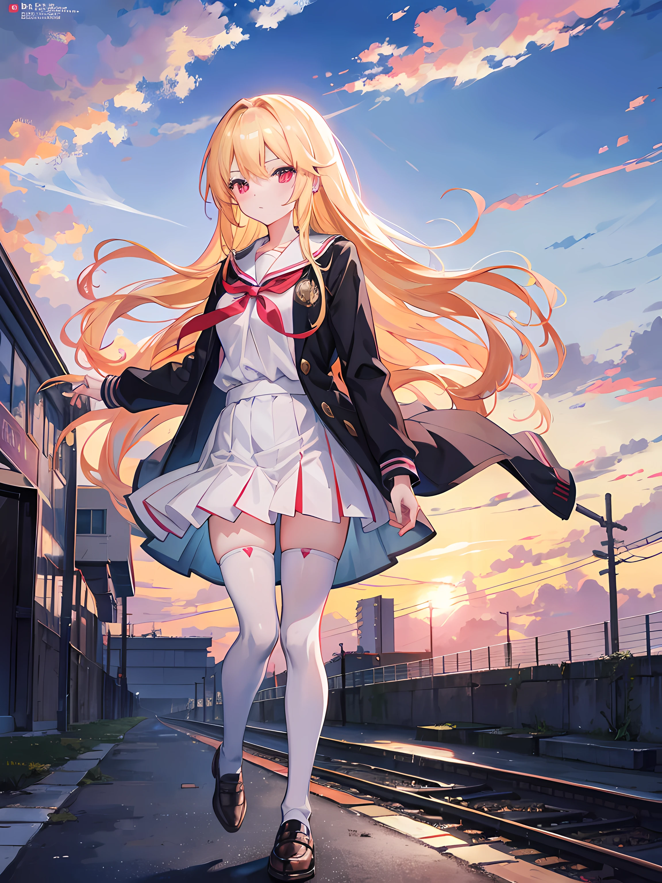 anime girl in school uniform standing on a city street, train tracks in the background, sunset, blowing wind, viewing from the front, (1girl), long blonde hair, red eyes, white tights, small breasts, beautiful sky, beautiful anime high school girl, anime style digital art, anime moe artstyle, beautiful anime artwork, ultrasharp, masterpiece, high res, 8k