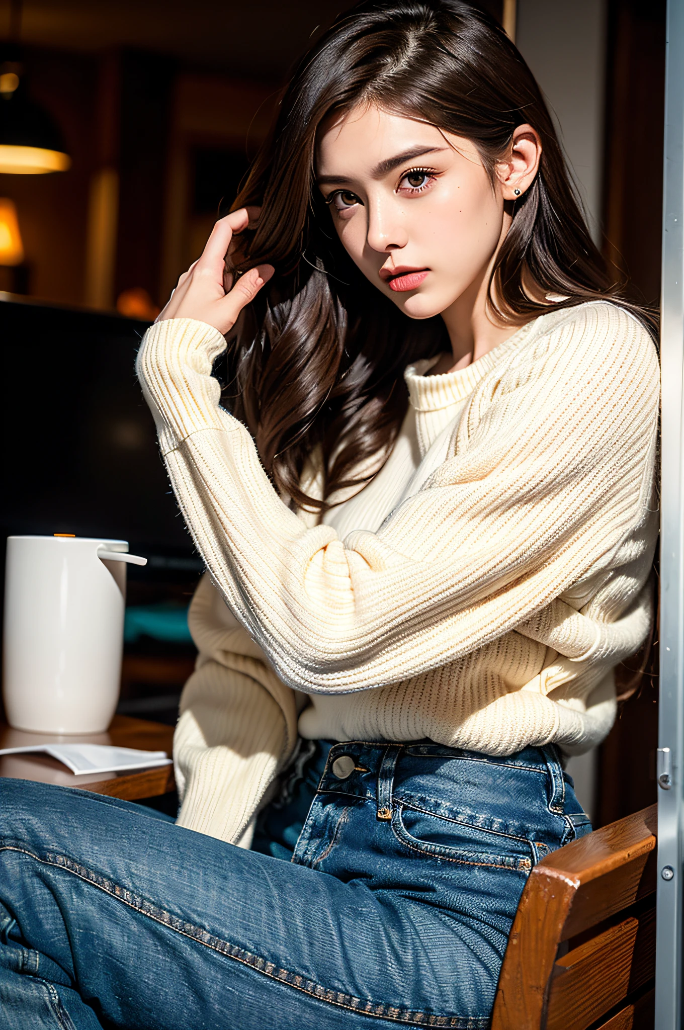Full face portrait photo of 25 year old European girl、raw、Beautuful Women、Semi-open strawberry lip、Dimples、A wistful look、(Extra long wavy brown hair)、((A detailed face))、((detailed facial features))、(Fine detailed skin)、pale-skinned、(Detailed white sweater with a deep neckline、Denim jeans)、Cyberpunk Megacity Environment、(cool color)、moist、moist、Reflectors、(masterpiece)(perfectly proportions)(photos realistic)(top-quality)(detaileds)photographed in a Canon EOS R5、 50mm Lens, F / 2.8, nffsw, (8K) (wall-paper) (电影灯光) (Dramatic Lighting) (foco nítido) (Convoluted), Raw photography, Raw photography, Gigachad Photos, Pose for the camera, Denim jeans,8K UHD, Digital SLR, hightquality, Grain film, FujifilmXT3, Film Stock Photo 4 Kodak Portra 400 Camera F1.6 Lenses Rich colors Ultra-realistic textures Dramatic lighting Unreal Engine Art Station Trends Cinestill 800 Tungsten, toughboy style、Ultra Focus Face、Intimidating、Combat position、Short messy hair、musculature、Ruptured veins、bead