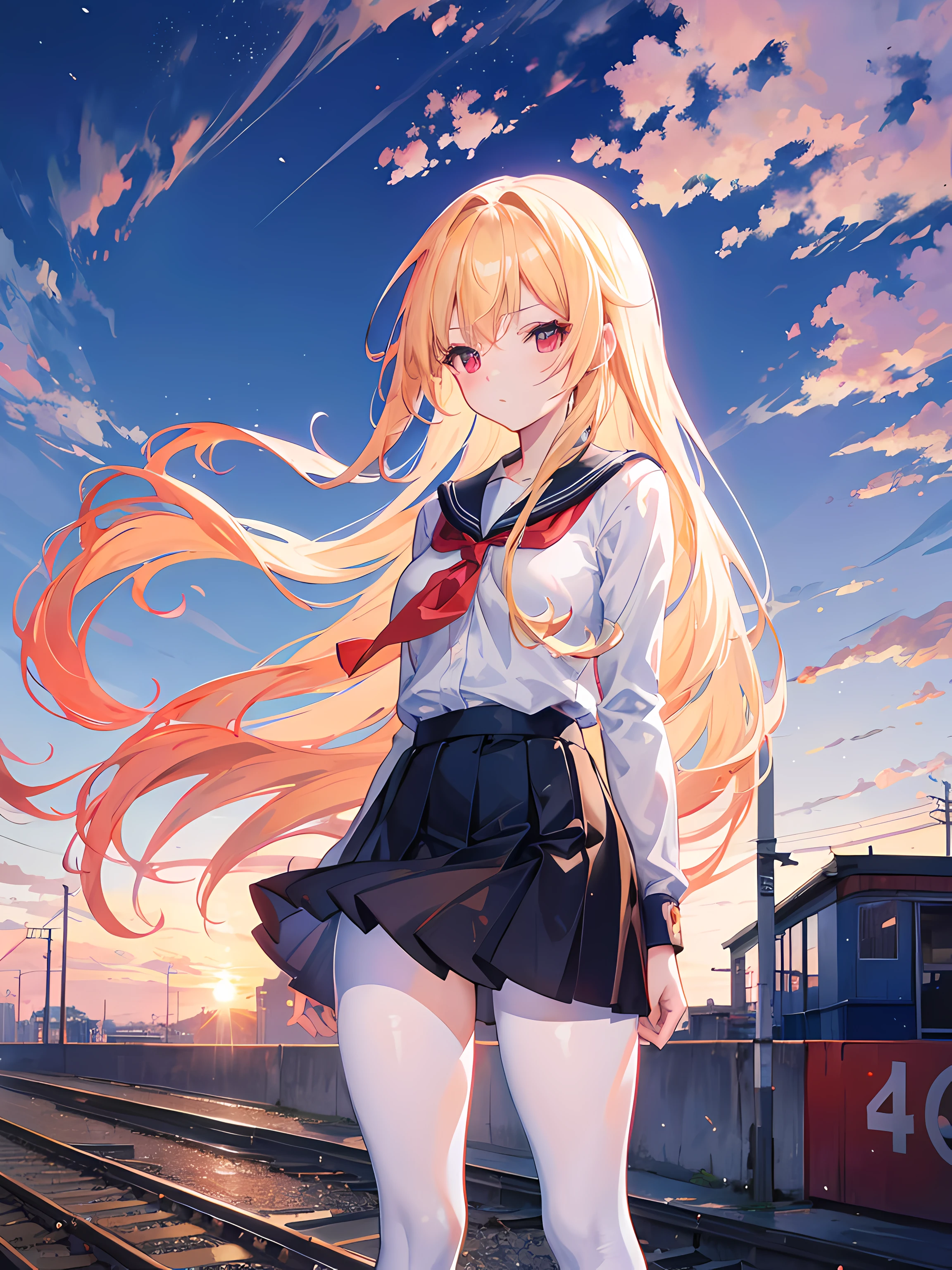 anime girl in school uniform standing on a city street, train tracks in the background, sunset, blowing wind, viewing from the front, (1girl), long blonde hair, red eyes, white tights, small breasts, beautiful sky, beautiful anime high school girl, anime style digital art, anime moe artstyle, beautiful anime artwork, ultrasharp, masterpiece, high res, 8k