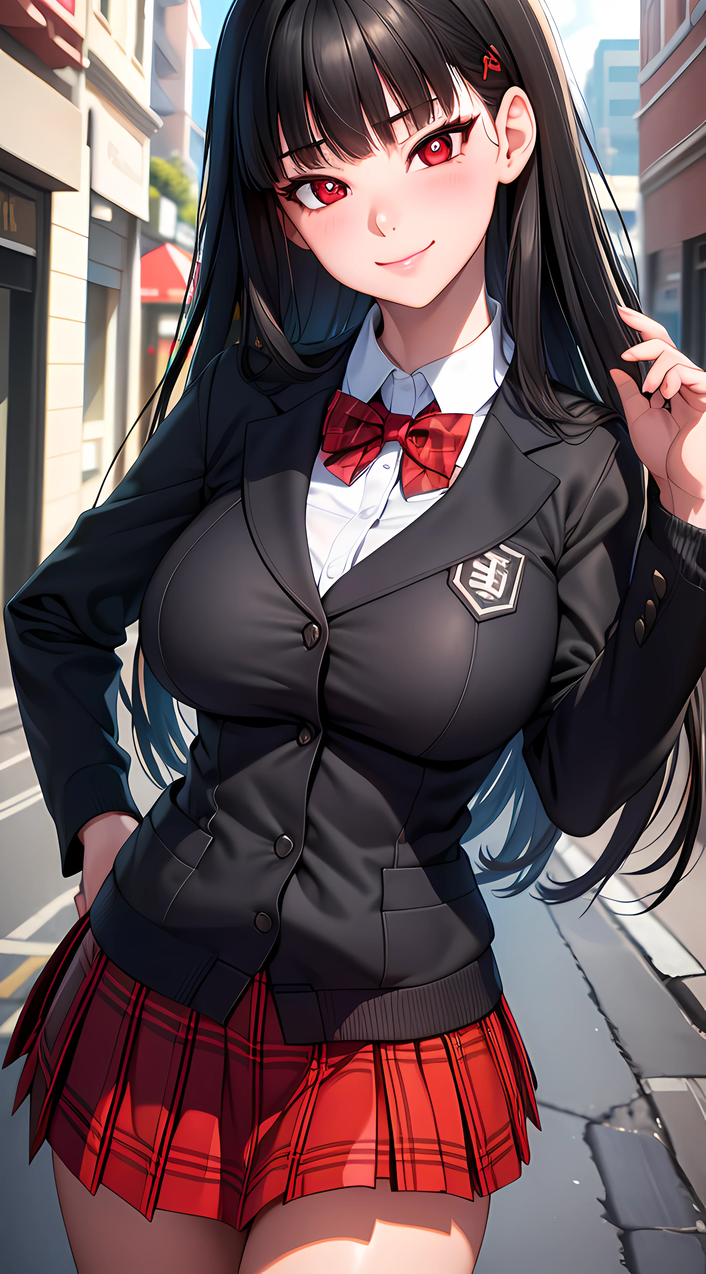 ((masterpiece, best quality, highres, UHD, perfect pixel, depth of field)), (smooth CG, photorealistic:1.1, realistic texture, detailed face), Rio, 1girl, medium breasts, seductive, busty, smile, natural light, cinematic, black hair, long hair, blunt bangs, (red eyes, beautiful pupils), (school uniform, cardigan, red bowtie, plaid skirt, black jacket), street view, dynamic pose, from below, pov, look at viewer, blushing