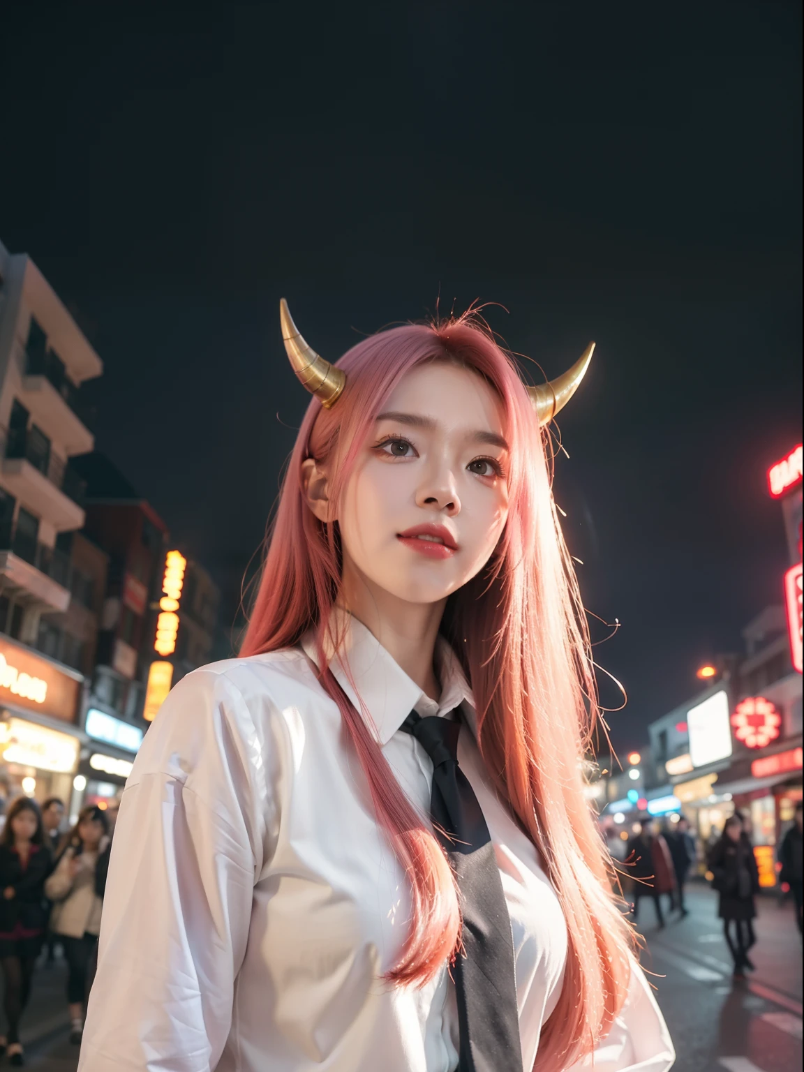 1girll, Long pink hair, Red horns, White collared shirt, black necktie, Light smile, Yellow eyes, cornea_power,, Buildings,Shops,Town streets, Dark sky, scenery,Neon signs,Night City, Japanese lyrics,, , absurderes, Detailed eyes, Extremely detailed, voluminetric lighting, Realistic, Realistic lighting, 8K, Cinematic lighting, Depth of field, Perfect, Hyper-detailed, Photorealistic, Ultra photo realsisim, Realistic light, hard lighting, Intricate details, stop-motion, Tone-mapping, Sharp focus, ultra - detailed,