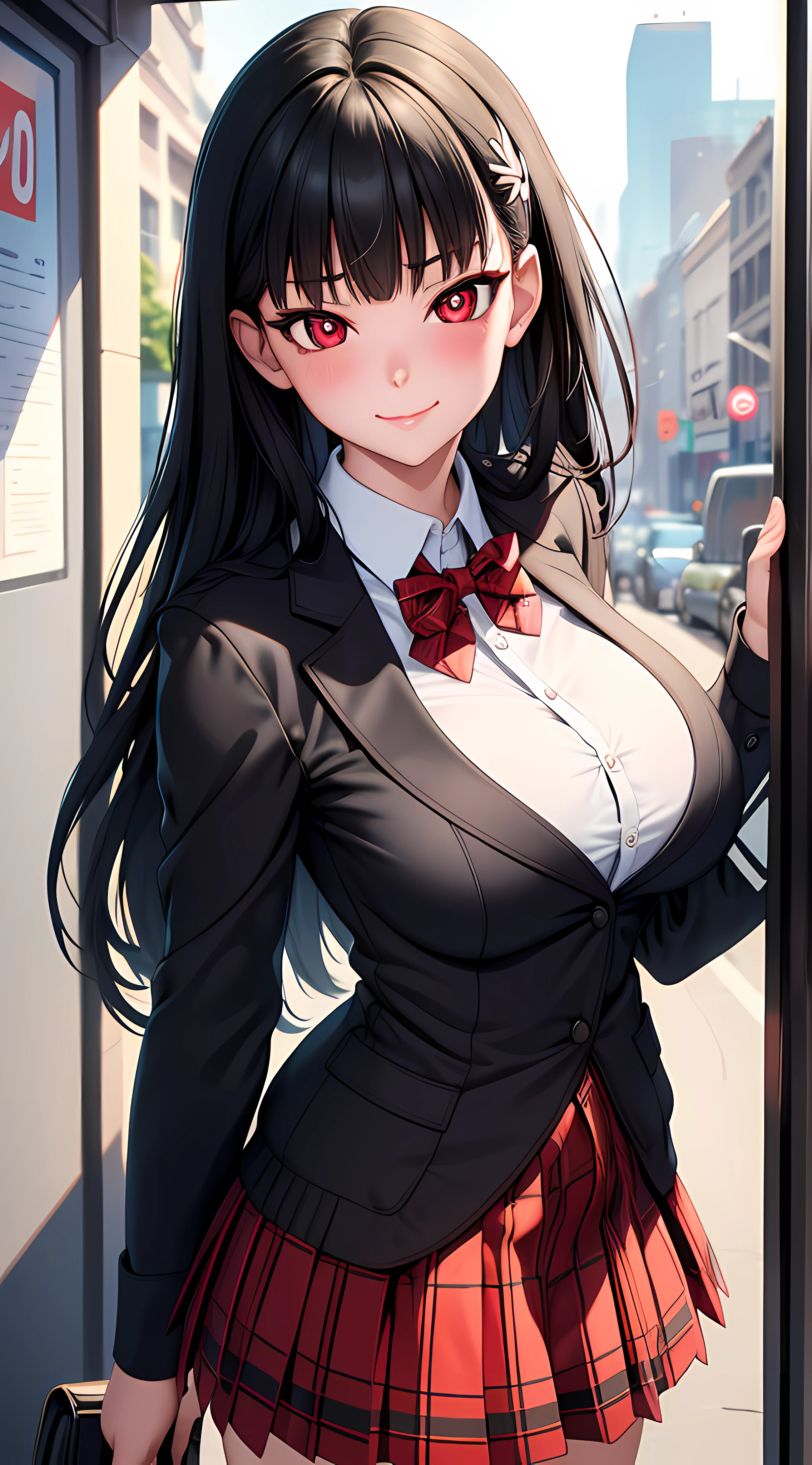 ((masterpiece, best quality, highres, UHD, perfect pixel, depth of field)), (smooth CG, photorealistic:1.1, realistic texture, detailed face), Rio, 1girl, medium breasts, seductive, busty, smile, natural light, cinematic, black hair, long hair, blunt bangs, (red eyes, beautiful pupils), (school uniform, cardigan, red bowtie, plaid skirt, black jacket), street view, dynamic pose, from below, pov, look at viewer, blushing