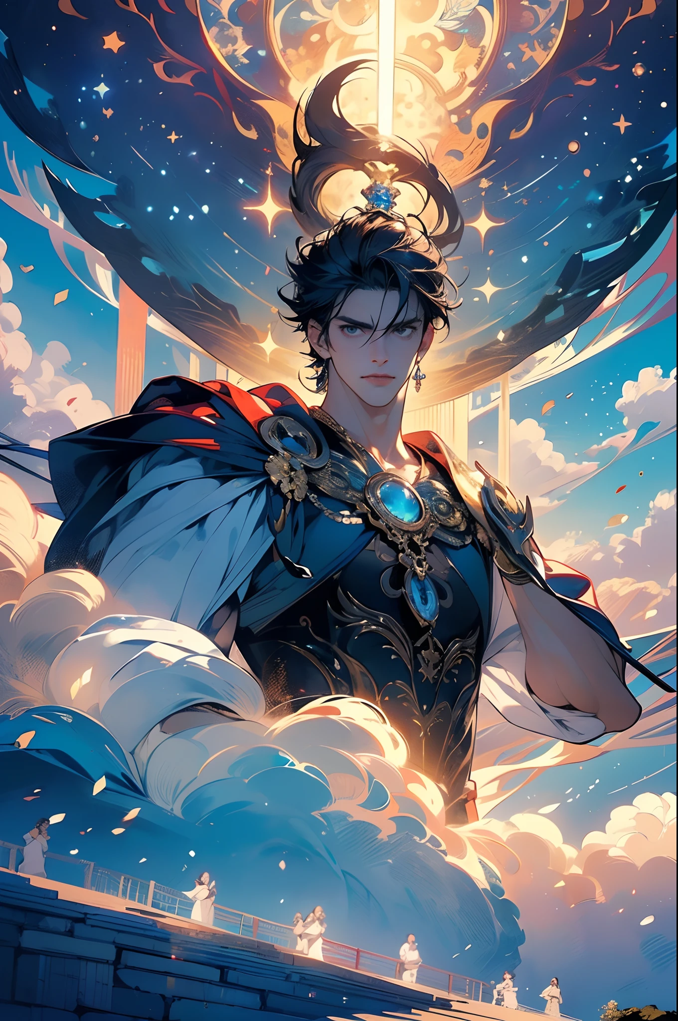 ((Masterpiece)), (Best quality)), 8K, High detail, hyper-detailing.(super wide shot:1.5), (Full shot), Confusiu, Strong body, Muscular body, Majestic, and sacred. (Thousands of students applauded and stood close together), film view, From below, From above, Fantasy style, Super wide sky and land, looking viewer,