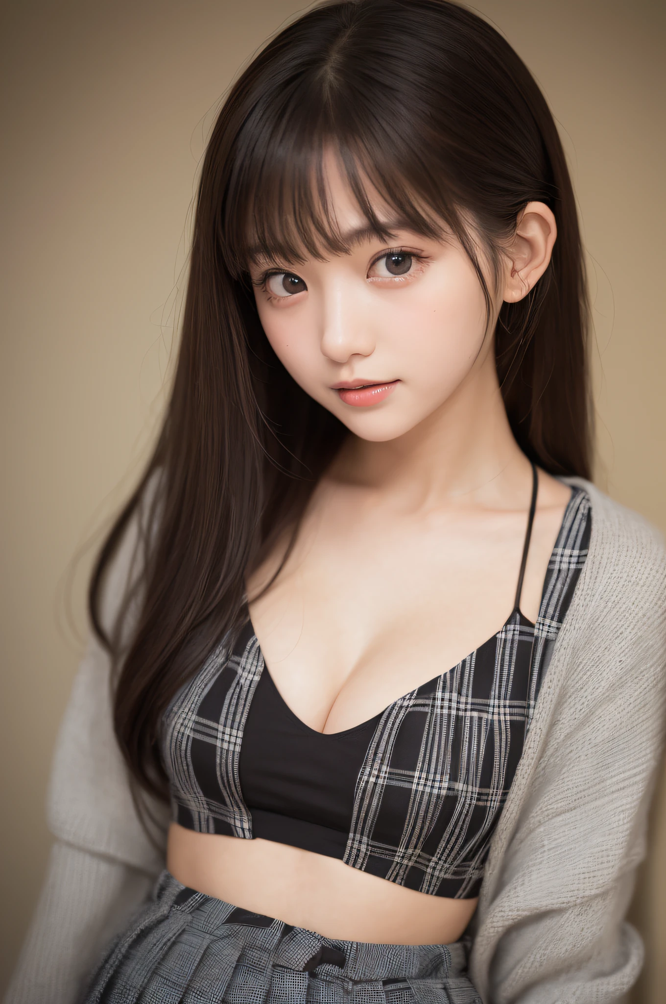 Smile、natta、Raw photography、(((Ultimate Beauty Portrait)))、((glistning skin))、女の子1人、15 year old beautiful girl in Prague、bright expression、((brown haired))、(cleavage of the breast)、(Plaid pleated skirt:1.5)、((Big eyes that shine like jewels))、open cardigan、Open your clothes、panthyhose、Glossy glossy skin、(Medium Hair)、(Silky Ponytail Hair)、(is standing)、(frombelow)、Under the skirt、Under the skirt、(Close-up of underwear from below)、eye liner、Beautiful bangs、Hair between the eyes、((​masterpiece、top-quality、ultra-detailliert、Film Light、intricate-detail、hight resolution、ighly detailed))、细致背景、8KUHD、Digital SLR、Soft light、hightquality、Film grain、FujifilmXT3 、Shallow depth of field、natural soft light、Kamimei、Lush bust