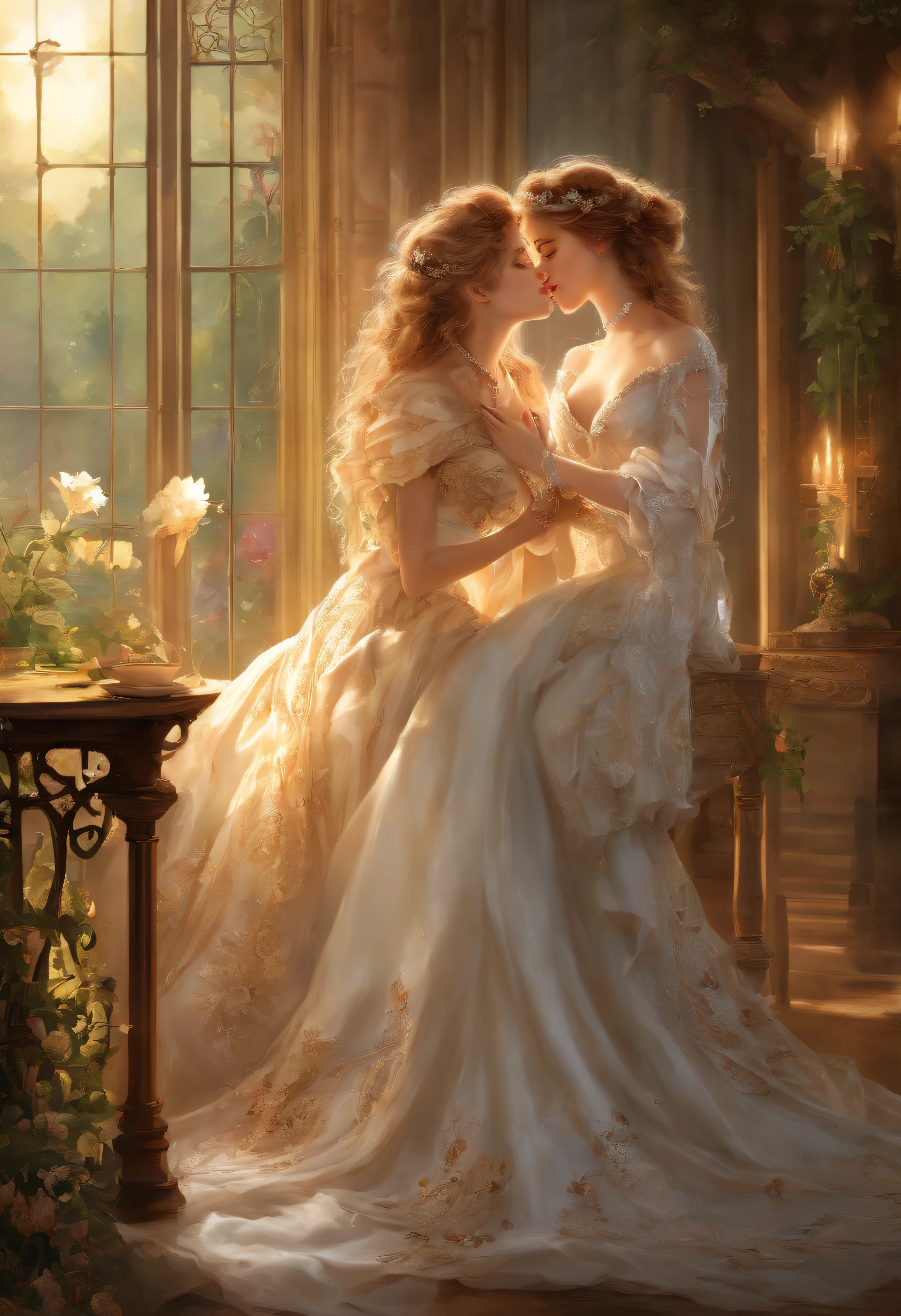 "(best quality, highres, ultra-detailed), Full body shot, 2 women in Victorian fashion passionately kissing and caressing breasts on a veranda, beautiful detailed eyes, beautiful detailed lips, long eyelashes, flowing satin gowns, intricate lace details, opulent jewelry, soft afternoon sunlight, blooming flowers, delicate porcelain tea set, antique furniture, vintage charm, intimate embrace."