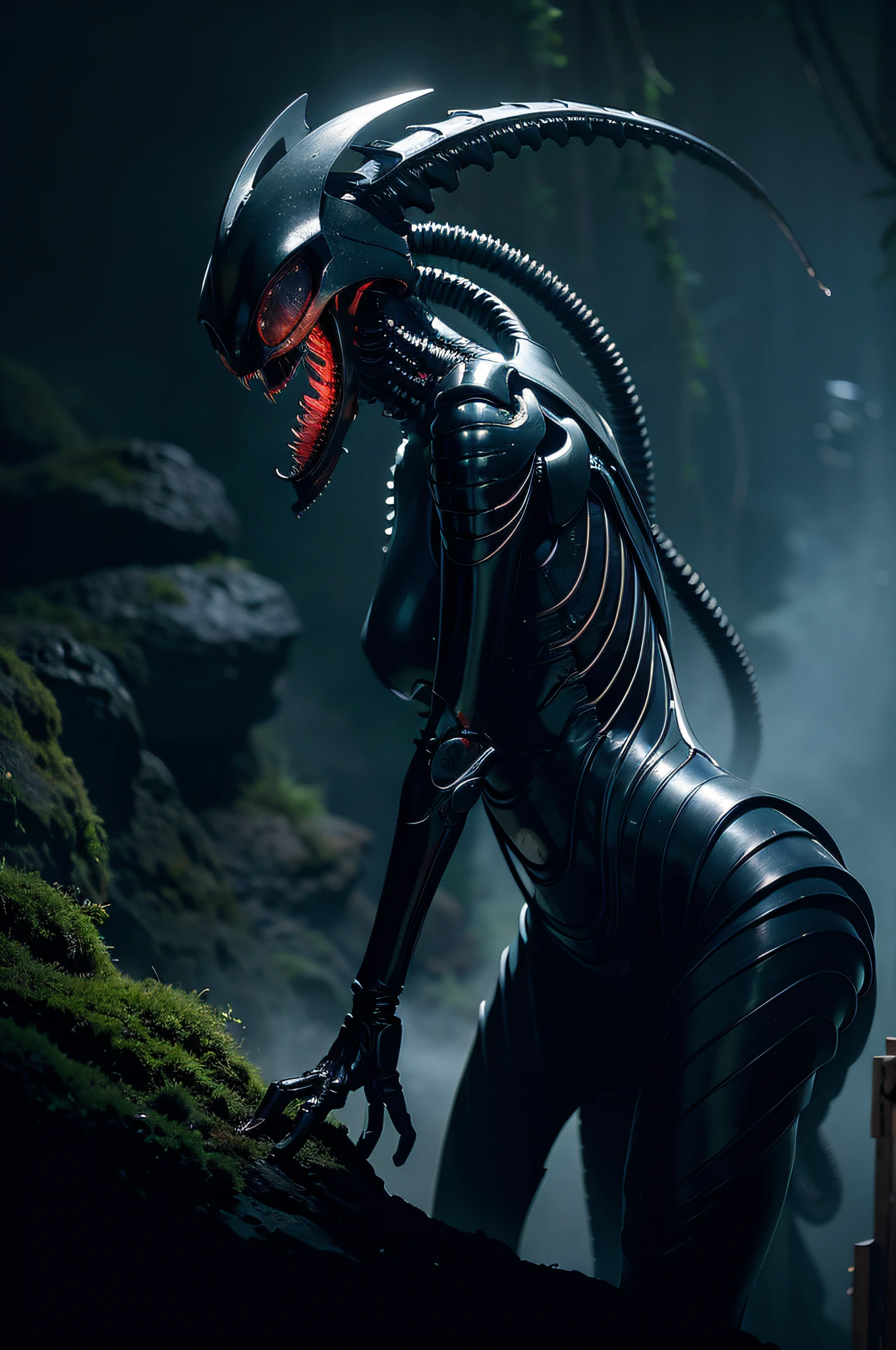 Beautiful female xenomorph, Photorealistic style, creature, scientific fiction, Dark, Smooth texture, Glossy exoskeleton, Biomechanical design, elongated head, elongated jaws, sharpteeth, piercing black eyes, Slender body, The tail of biomechanics, Translucent membrane, creepy atmosphera, Lush alien landscape, Vigorous plants, Mysterious rock formations, Atmospheric lighting, cascading waterfalls, Ethereal fog, Distant alien sky, Fascinating celestial bodies