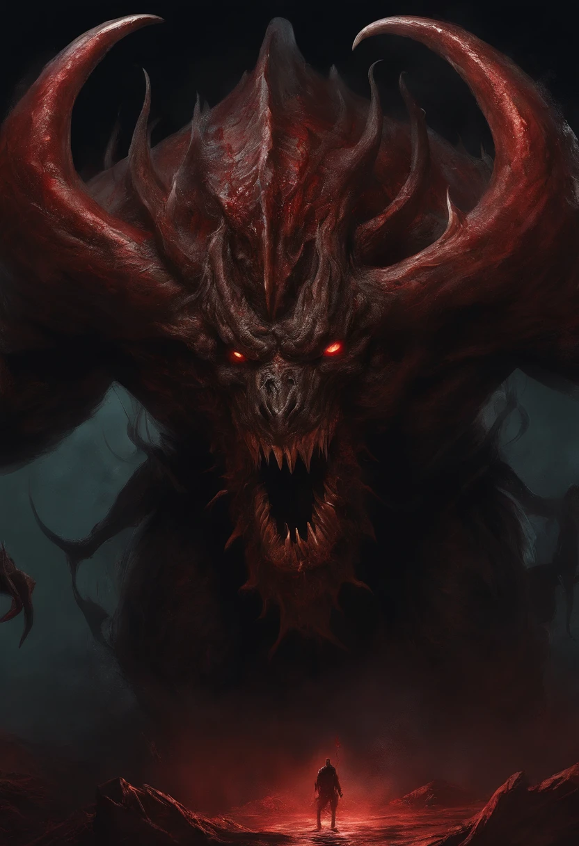 Draw a demonic creature with a strong, bloody face and bloody head, genocide, Science fiction horror art, sci-fi horror artwork, inspired by Aleksi Briclot, Fangs of the slaughter, horror fantasy art, Alexis Bricklot(Alexis Bricklot), horror concept art, veneno, Fantasy and horror art, Detailed illustration of 4K horror, demonic creature, dark fantasy horror art