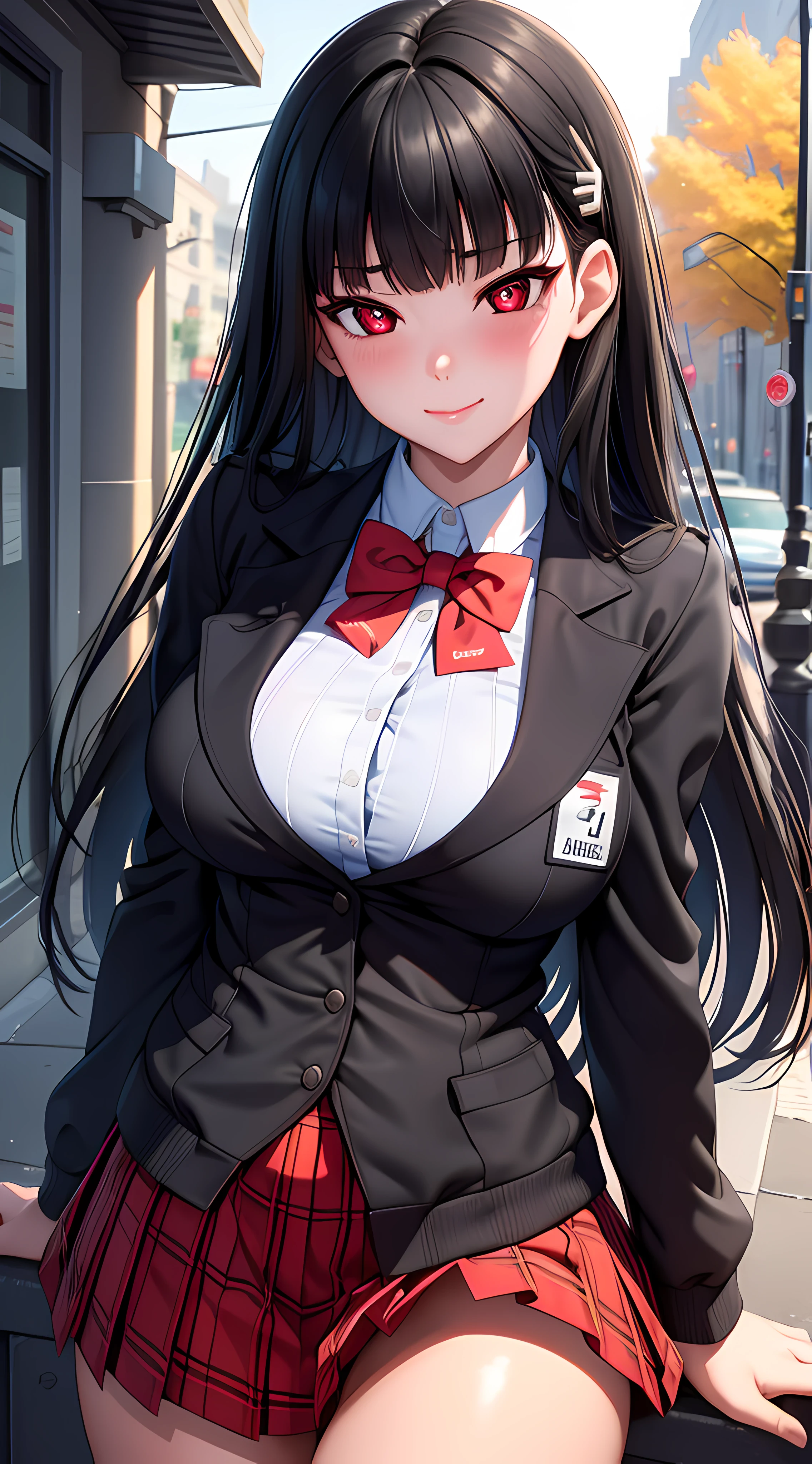 ((masterpiece, best quality, highres, UHD, perfect pixel, depth of field)), (smooth CG, photorealistic:1.1, realistic texture, detailed face), Rio, 1girl, medium breasts, seductive, busty, smile, natural light, cinematic, black hair, long hair, blunt bangs, (red eyes, beautiful pupils), (school uniform, cardigan, red bowtie, plaid skirt, black jacket, open jacket), street view, dynamic pose, pov, look at viewer, blushing