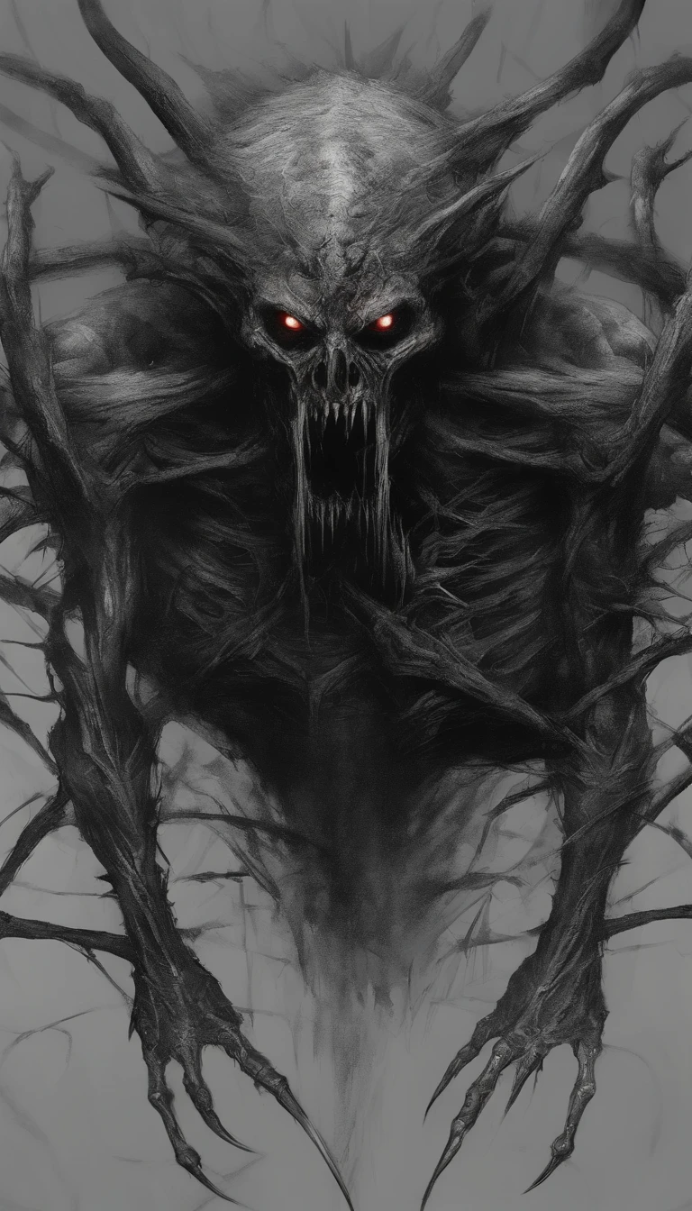 Foggy Forest, demonic silhouette, fairy shadow figure, red eyes, eyes in the fog, rotting, looking dead, torn wings, forest ruins,
