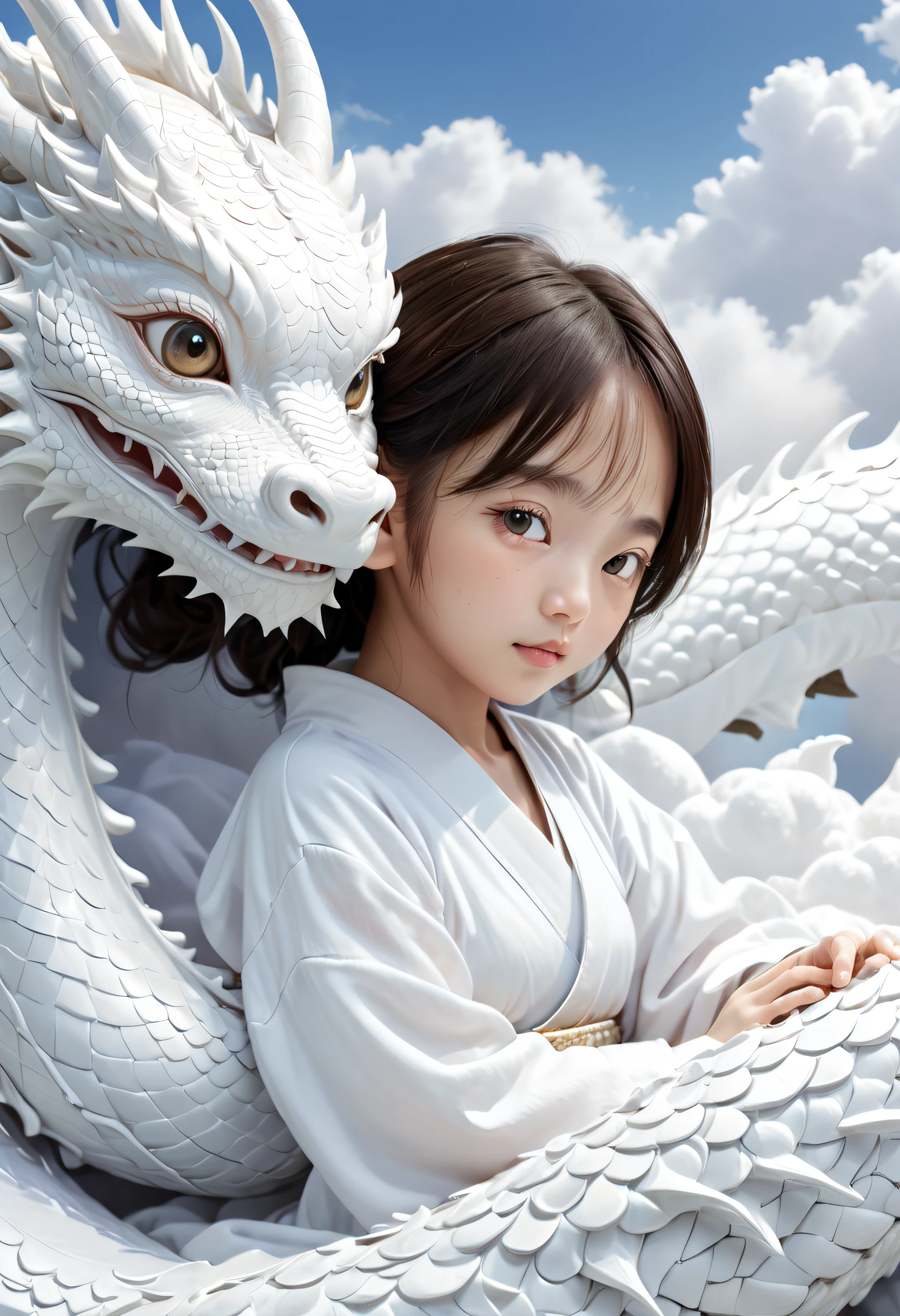 Young Asian Girl with Dragons by Ann Luo Blog, A -yead Chie baby girl,ly, face round,Slept on a white dragon bed, a photorealistic painting by Ju Lian, shutterstock contest winner, Fantasy art, a dragon made of clouds, Chinese fantasy, lie on white clouds fairyland，Camera shot, Film style, Intricate and refined details, high qulity，japanaese girl，8K resolution, Fantasy illustrations, Close up, golden age illustrations