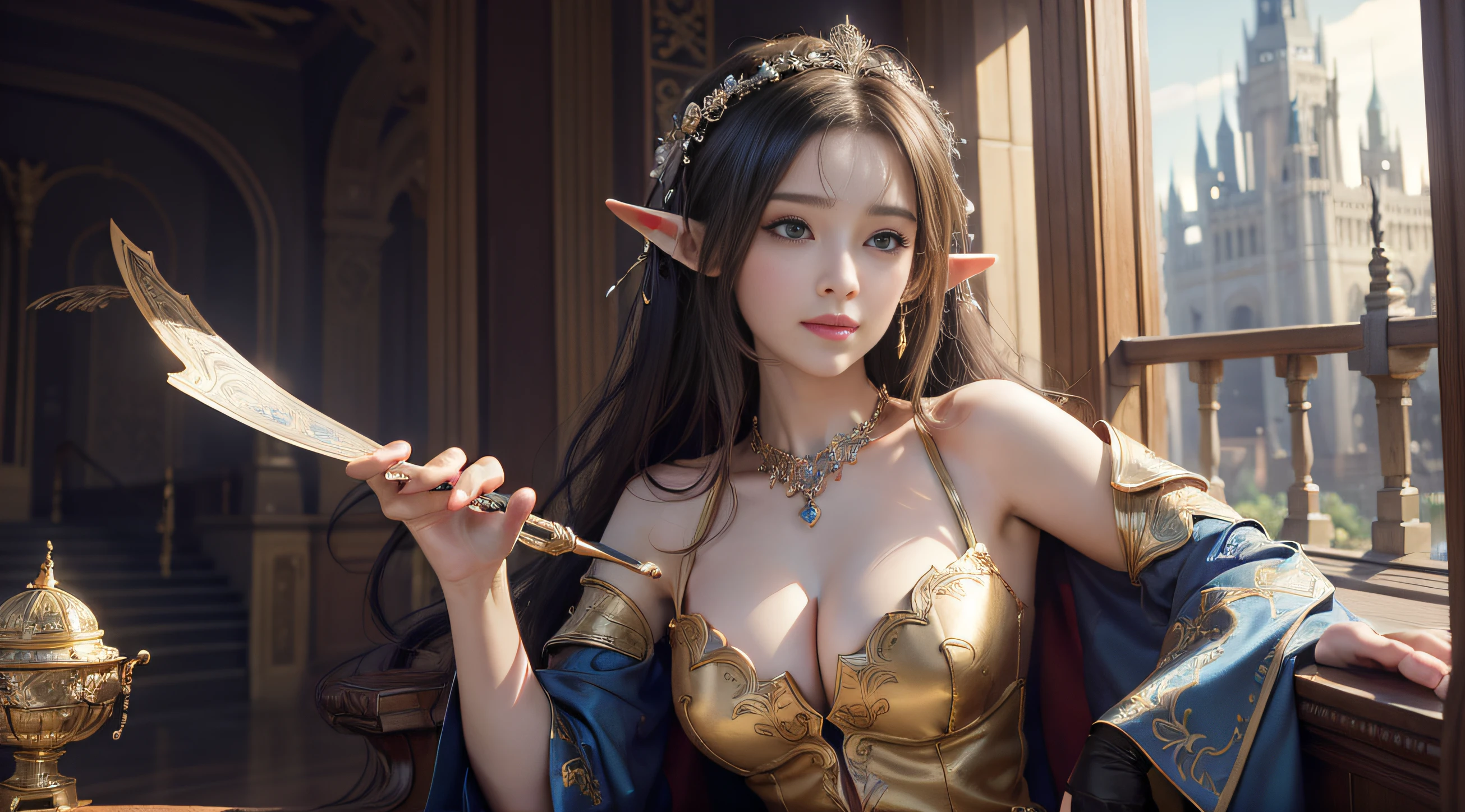 HighestQuali,BestWorks,A masterpiece,RAW photo effect,Realistic Photo Effect,Super high detail,super-fine,palaces,Female elf,(Close portrait:1.3),Large breasts,dynamicposes,looks into camera,dramatics,fumo,magia,magnificent robe,complex patterns, Description of the Ultrra precise pointer, Photorealistic, Super detail, Masterpiece, Best quality, A high resolution, 8K,Best quality at best,tmasterpiece,ultra - detailed,volumettic light,Background bokeh